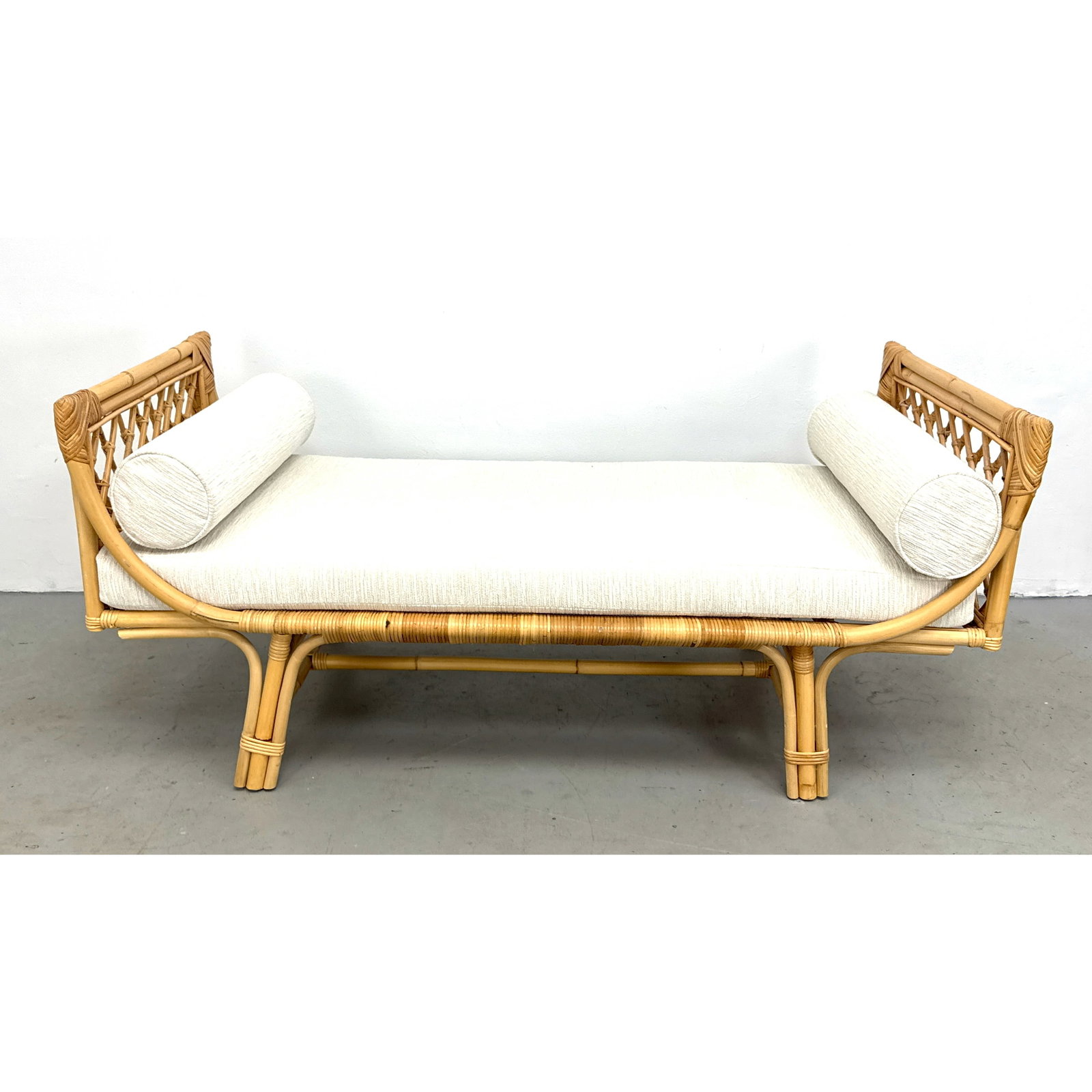 Bohemian Style Natural Rattan Twin Daybed with Lattice Pattern Ends and 3pc Cushion Set (1 of 9)