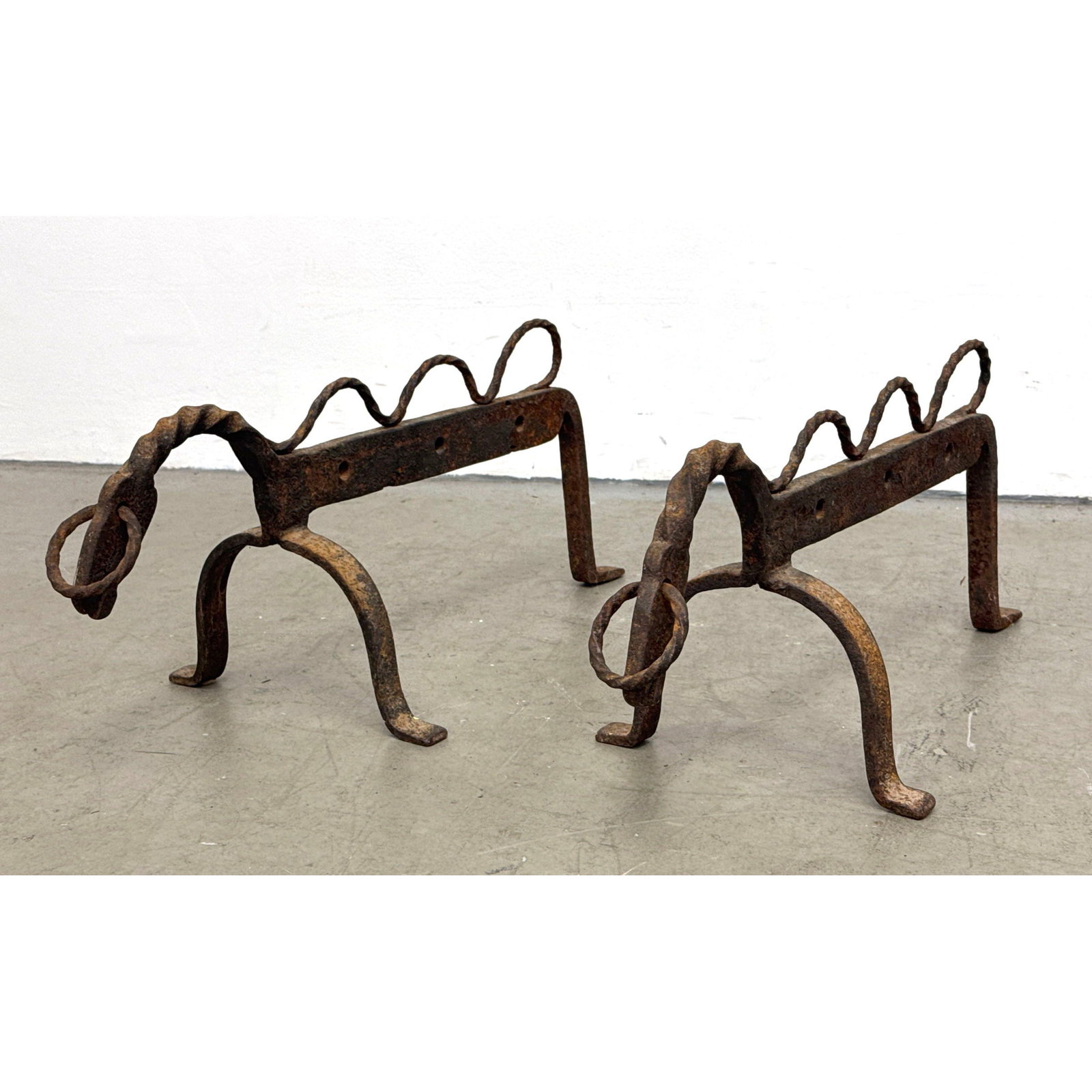 Pair Hand Forged Wrought Iron Zoomorphic Horse Andirons with Twisted Metal and Stamped Details (1 of 13)