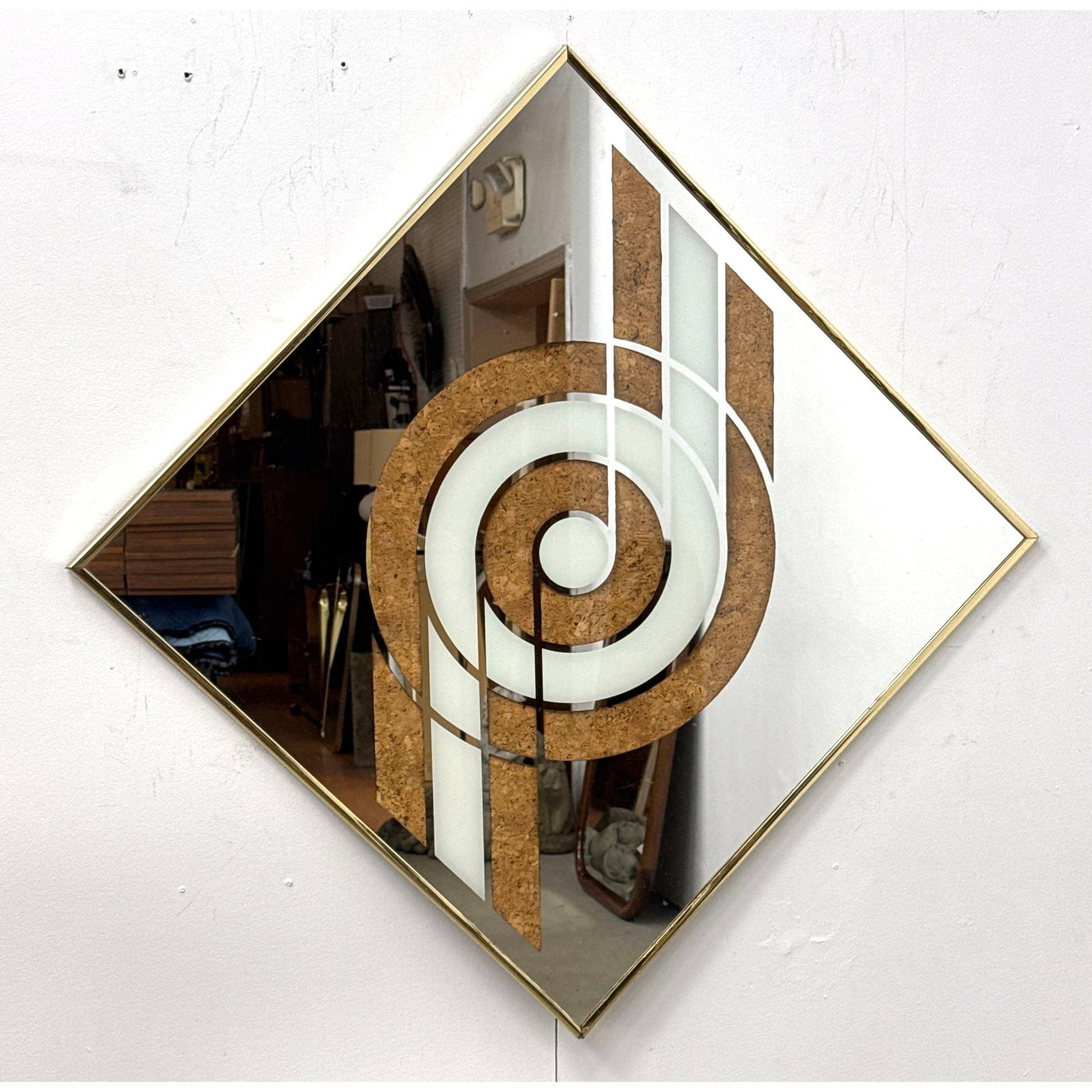 Sharon Art Concept Mid Century Modern Geometric Mirror. Cork and Frosted Glass Design. Reliable Mfg: Sharon Art Concept Mid Century Modern Geometric Mirror. Cork and Frosted Glass Design. Reliable Mfg Co. Dimensions: Height: 42.5 inches, Width: 42.5 inches. ---