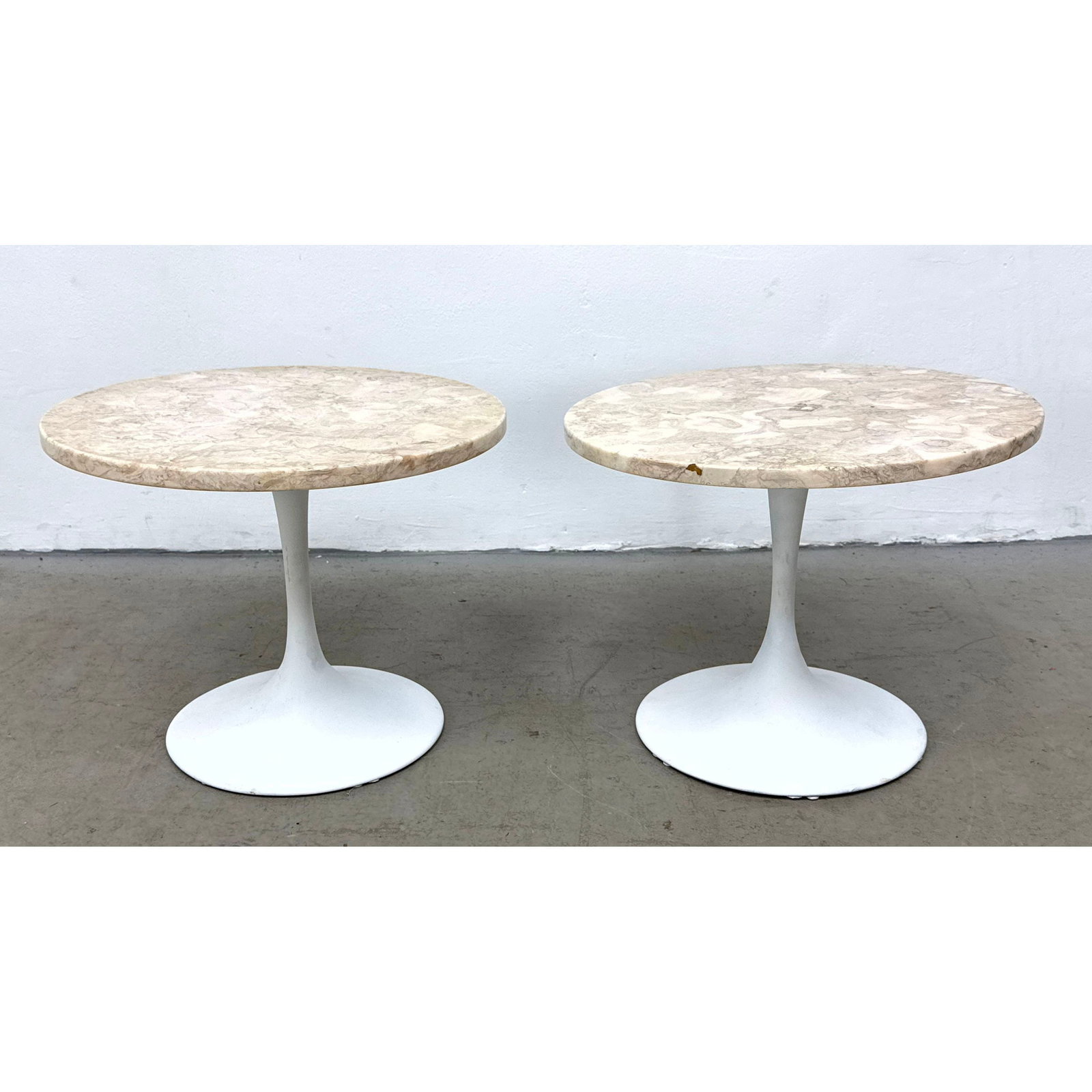 Pair Tulip Pedestal Side Tables with Circular Brecciated Marble Tops and White Coated Trumpet Bases. (1 of 14)