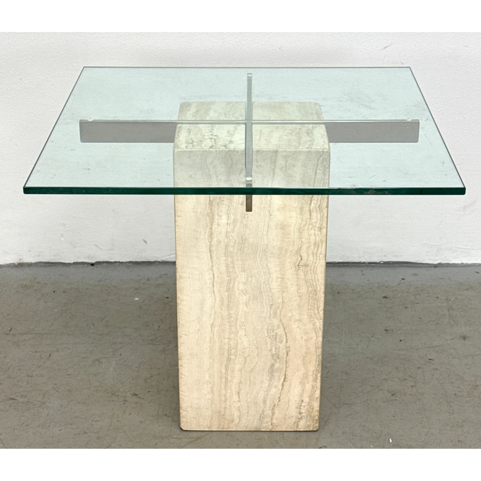 Italian Postmodern Travertine and Glass Side Table attributed to Artedi with Polished Metal Frame (1 of 10)
