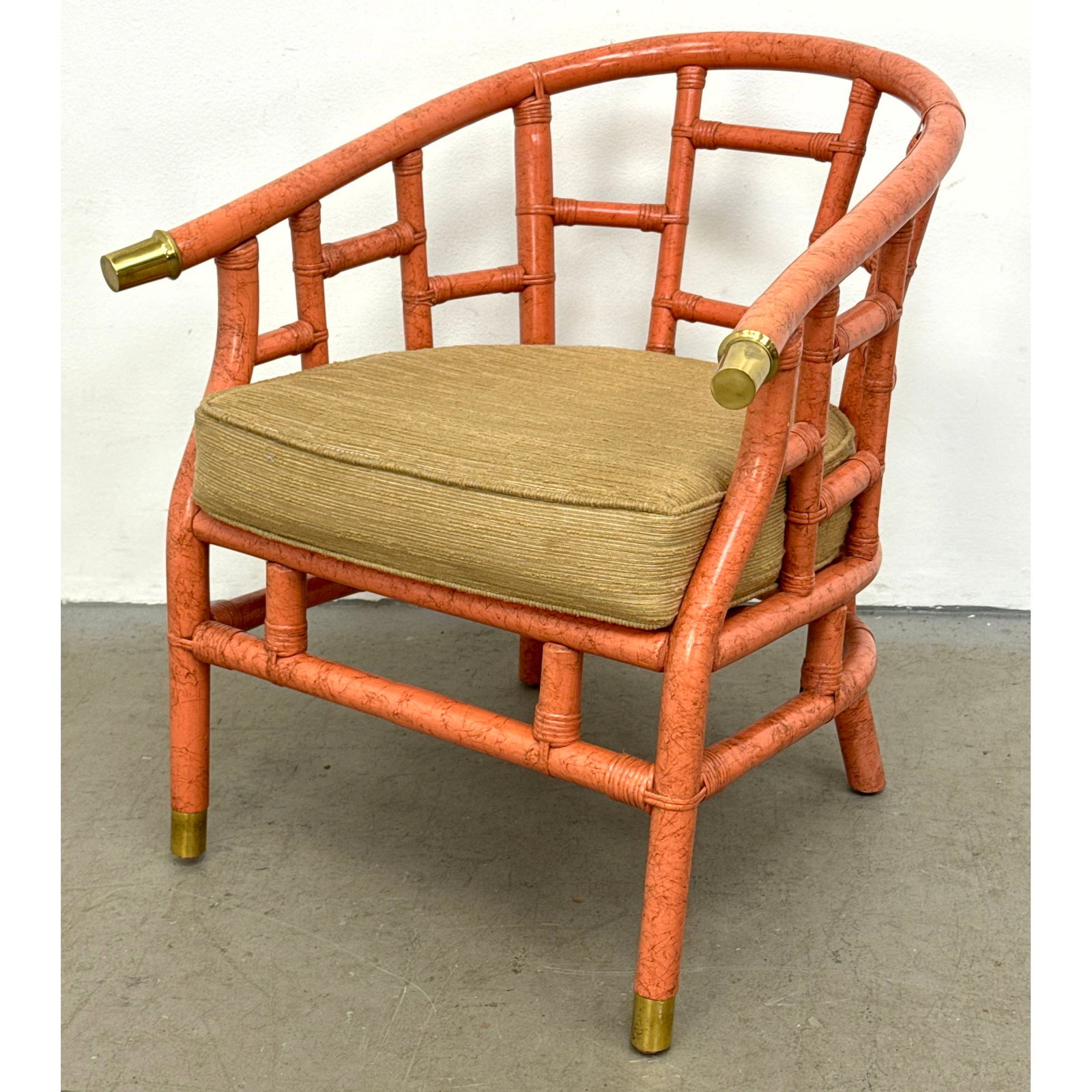 Ficks Reed Style Faux Bamboo Rattan Armchair with Coral Lacquer Finish and Brass Accents (1 of 10)