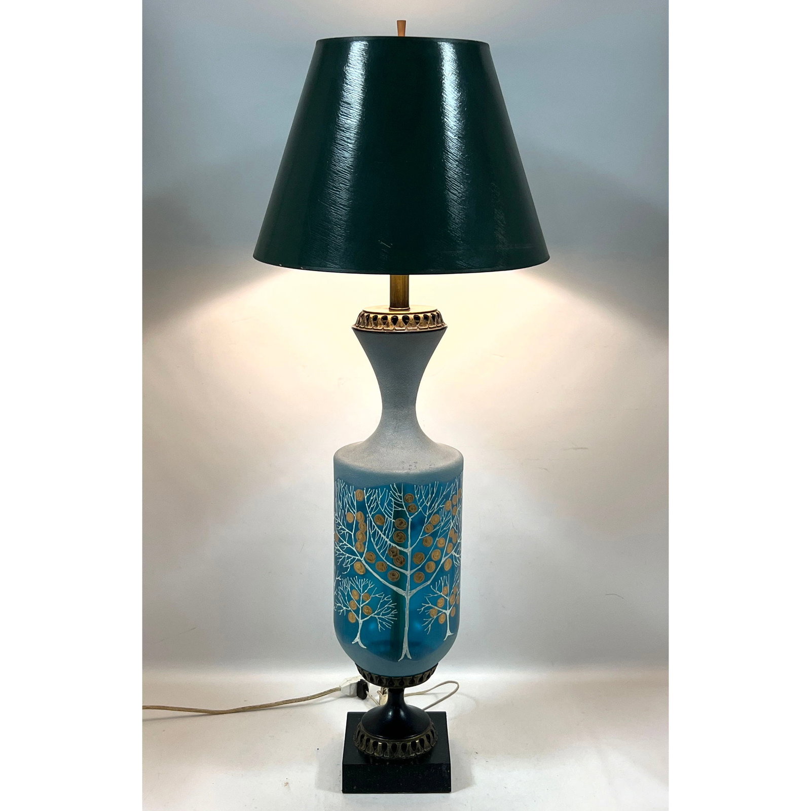 Mid-Century Modern Frosted Turquoise Art Glass Tree of Life Table Lamp with Textured Neck and Gre: Mid-Century Modern Frosted Turquoise Art Glass Tree of Life Table Lamp with Textured Neck and Green Shade Dimensions: Height: 49 inches, Width: 9 inches, Depth: 9 inches. ---