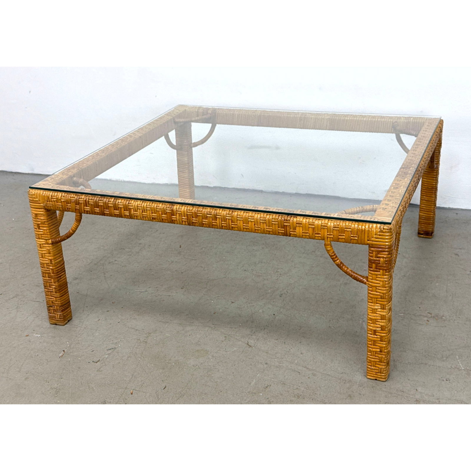 Rattan Wrapped Square Coffee Table with Glass Top. Bielecky Brothers style. Unmarked. (1 of 9)