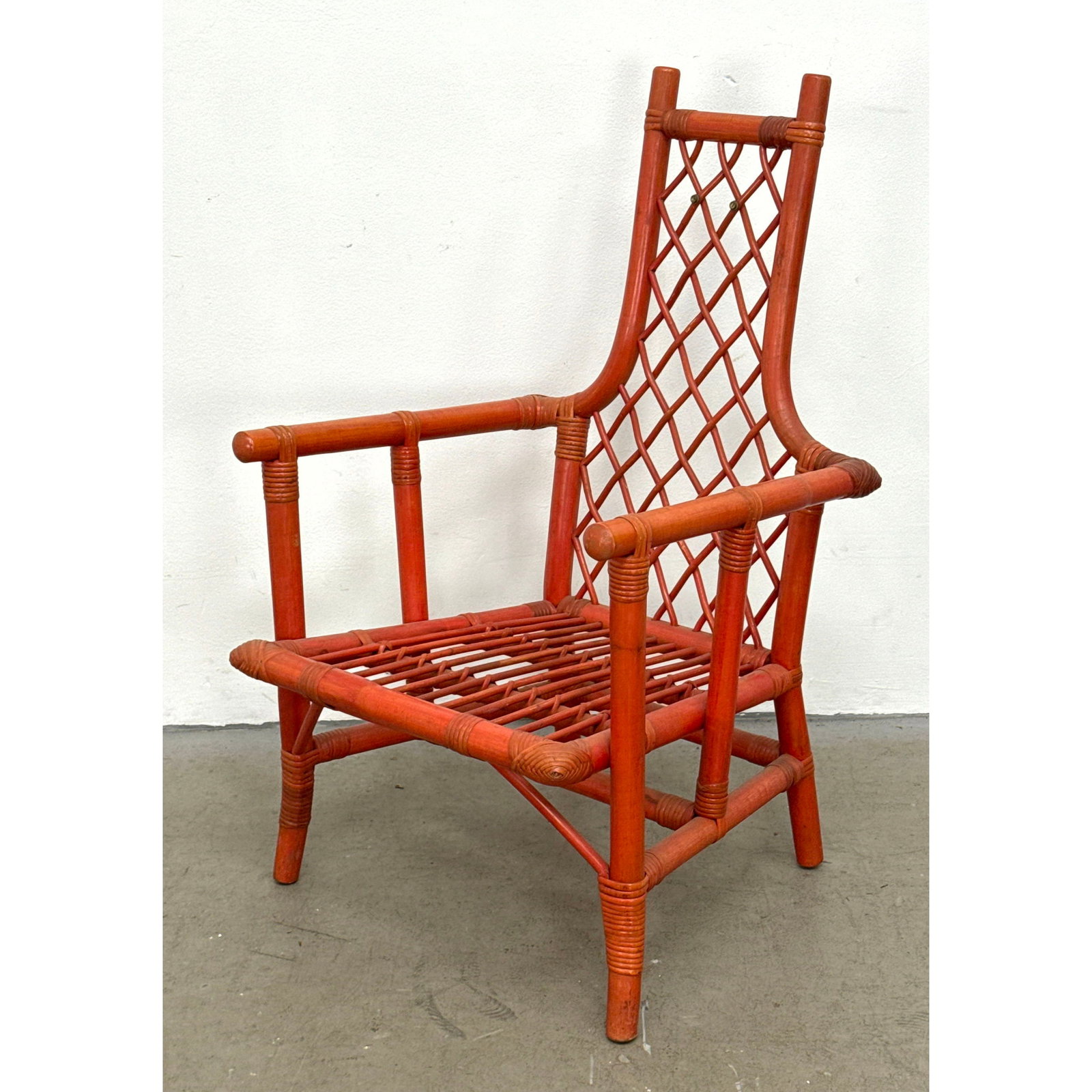 Tommi Parzinger for Willow and Reed Mid Century Modern Rattan High Back Armchair with Red Lacquer Fi (1 of 12)