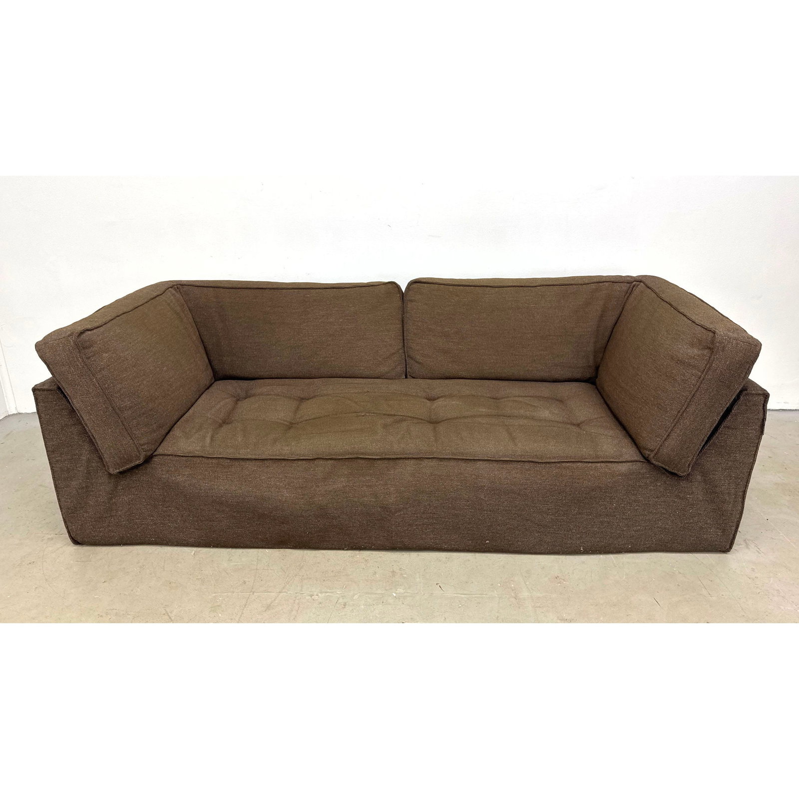 Roche Bobois Low Profile Contemporary Sofa in Brown Textured Fabric with Tufted Seat and 4 Loose Cus (1 of 13)