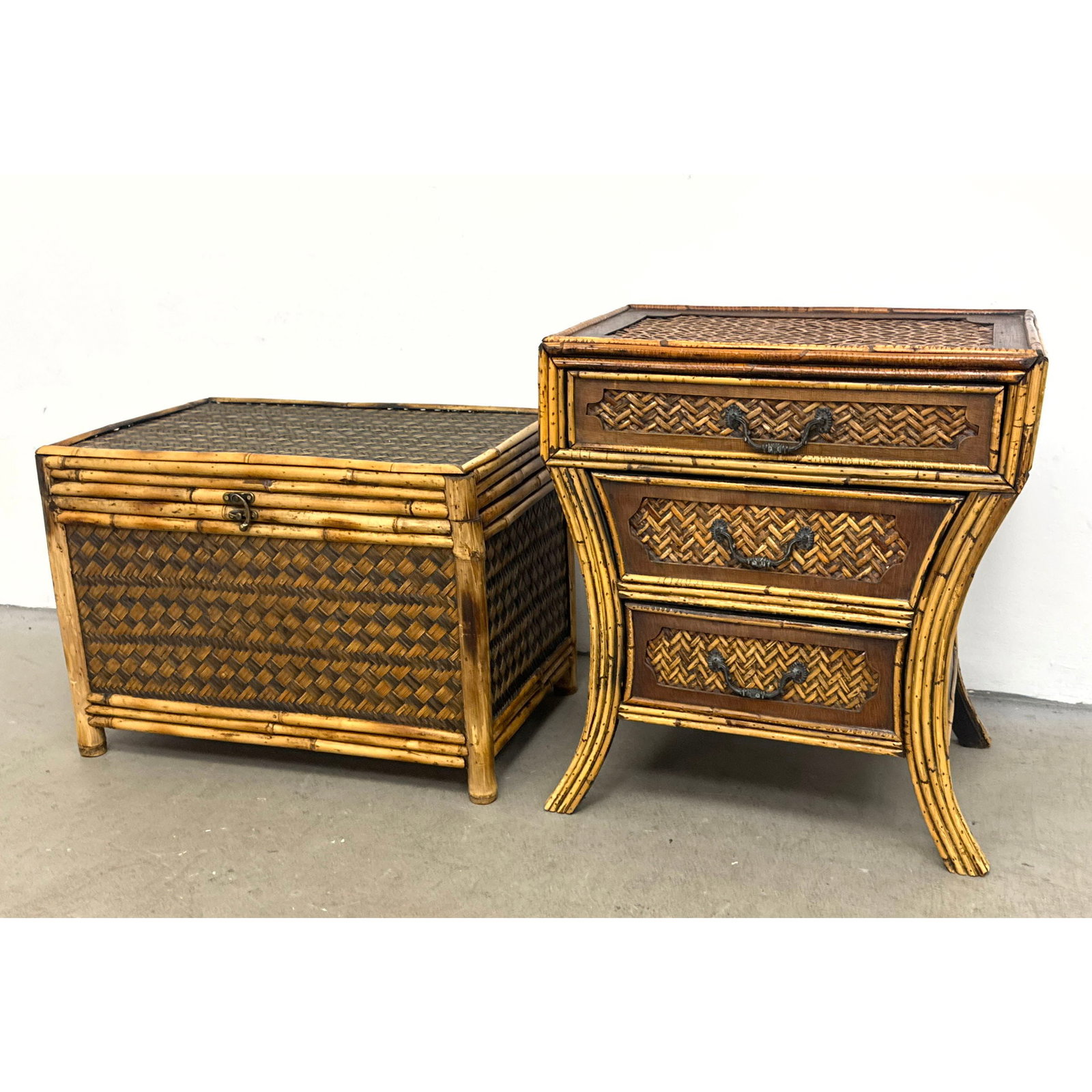 2pc lot of Mid Century Tropical Bamboo and Woven Cane Furniture including 3 Drawer Bachelor Chest an (1 of 16)