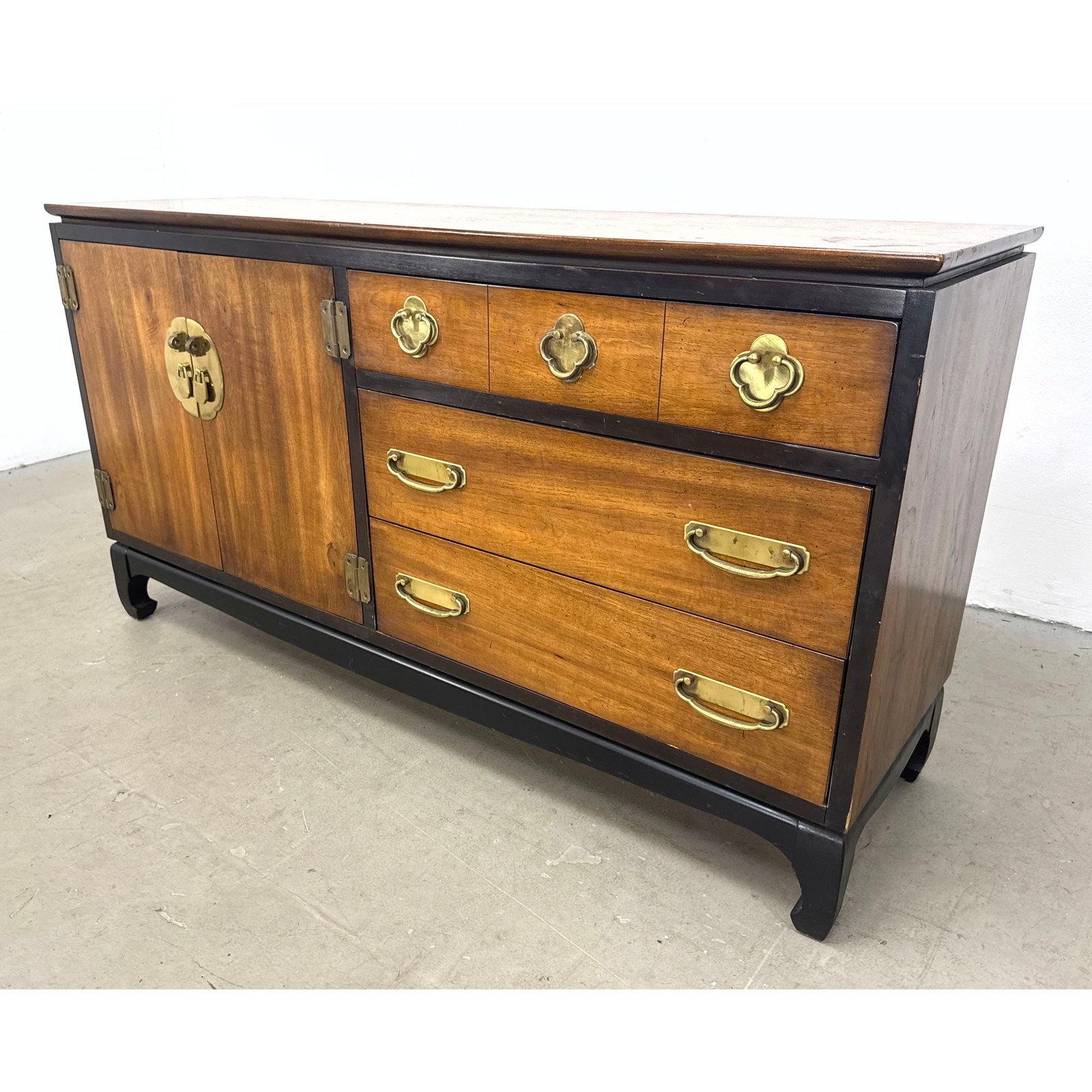 Lane Furniture Chinoiserie Walnut and Ebonized Credenza with Brass Hardware Altavista Virginia 1970s (1 of 14)
