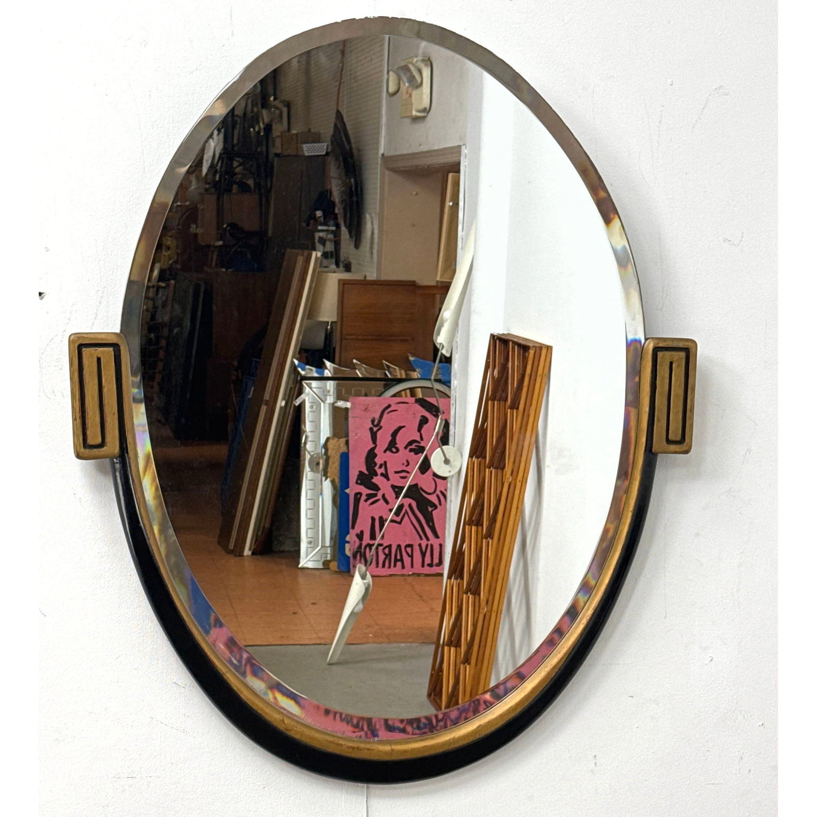 Vintage Art Deco Oval Beveled Wall Mirror Wood Frame with Gold and Black Geometric Scroll Side Ornam (1 of 8)