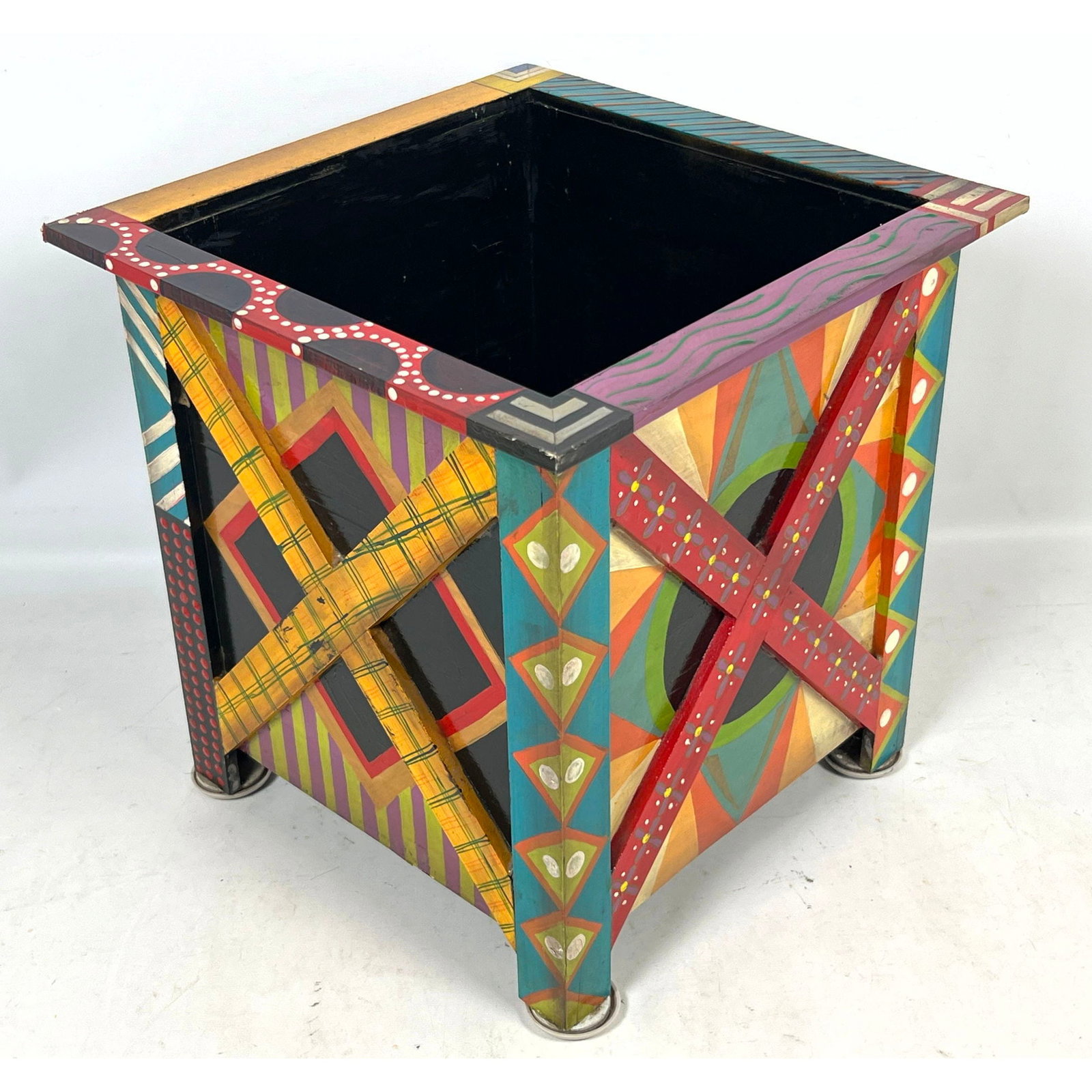 Alan Krug Hand Painted Wooden Folk Art Planter Pedestal Box Dated 2020 with Krug's Studio Label Geom (1 of 9)