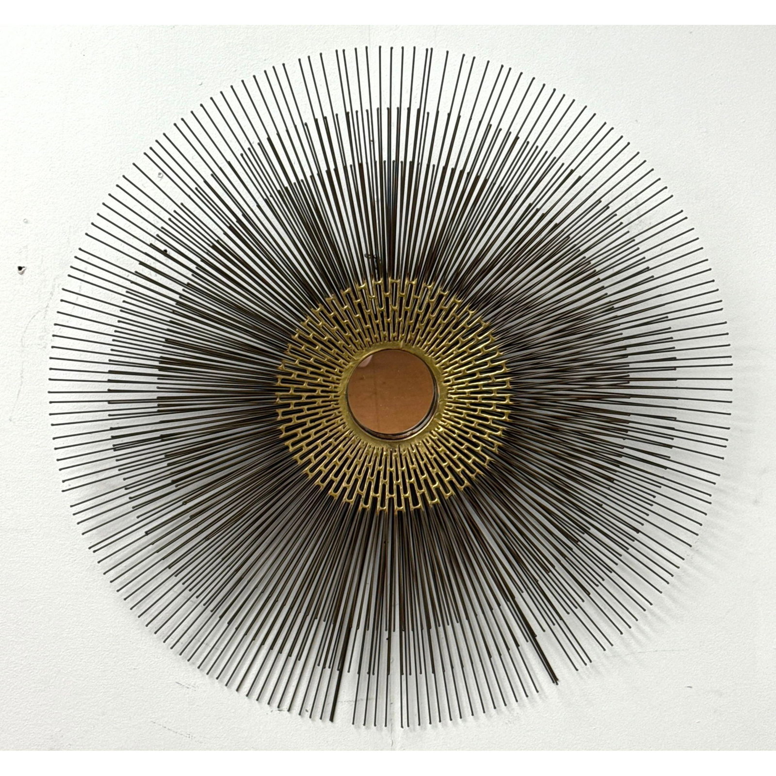 Brutalist Sunburst Wall Mirror in the style of William Friedle. Gilt metal and patinated steel. (1 of 10)