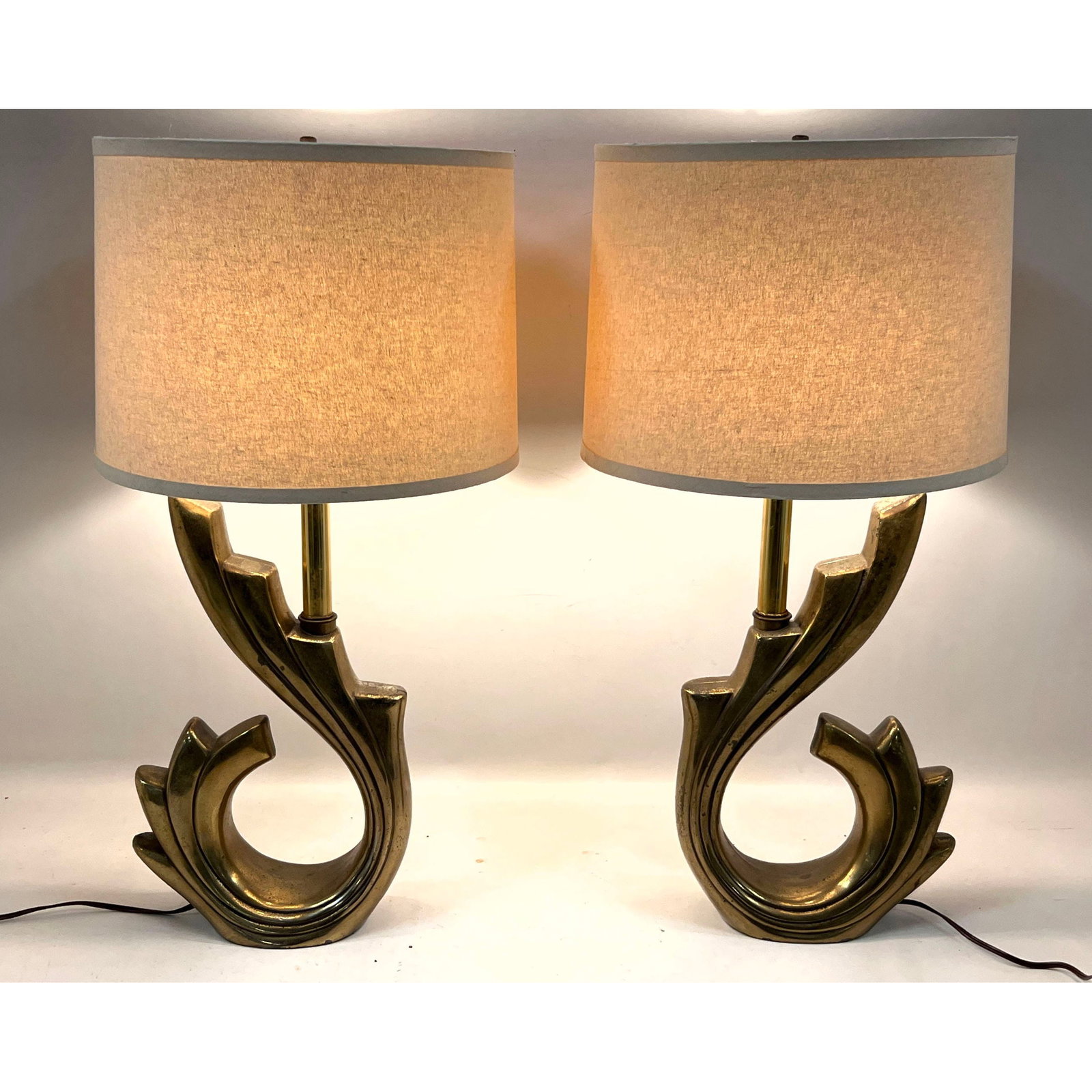 Pair of Mid Century Modern Pierre Cardin Style sculptural cast metal and brass table lamps with fabr (1 of 15)