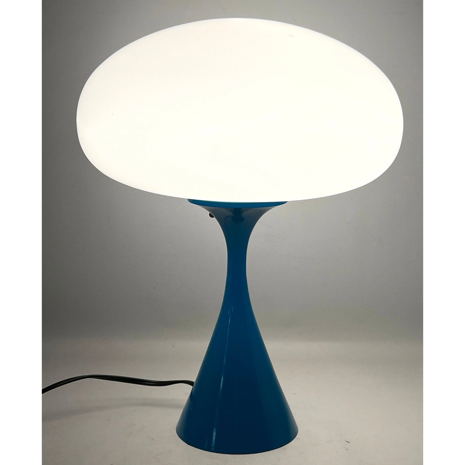 DESIGNLINE Blue Enameled Base Glass Mushroom Shade Table Lamp. Paper Label. StemLite. Contemporary L: DESIGNLINE Blue Enameled Base Glass Mushroom Shade Table Lamp. Paper Label. StemLite. Contemporary Lighting. Dimensions: Height: 17 inches, Width: 12 inches, Depth: 12 inches. --- US Packing and Shipp