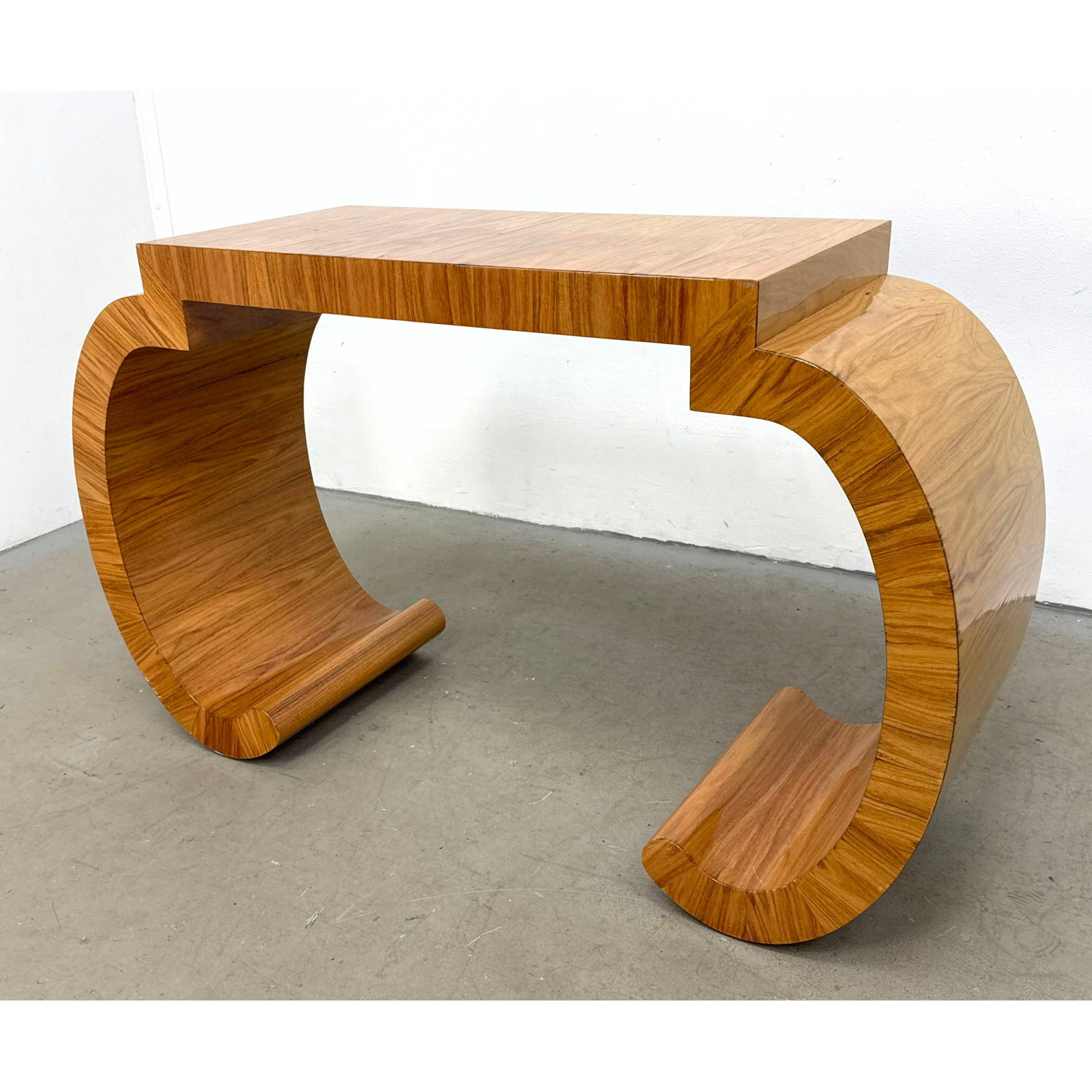 Art Deco Style Scroll Base Console Table with Exotic Burl Wood Veneer (1 of 9)