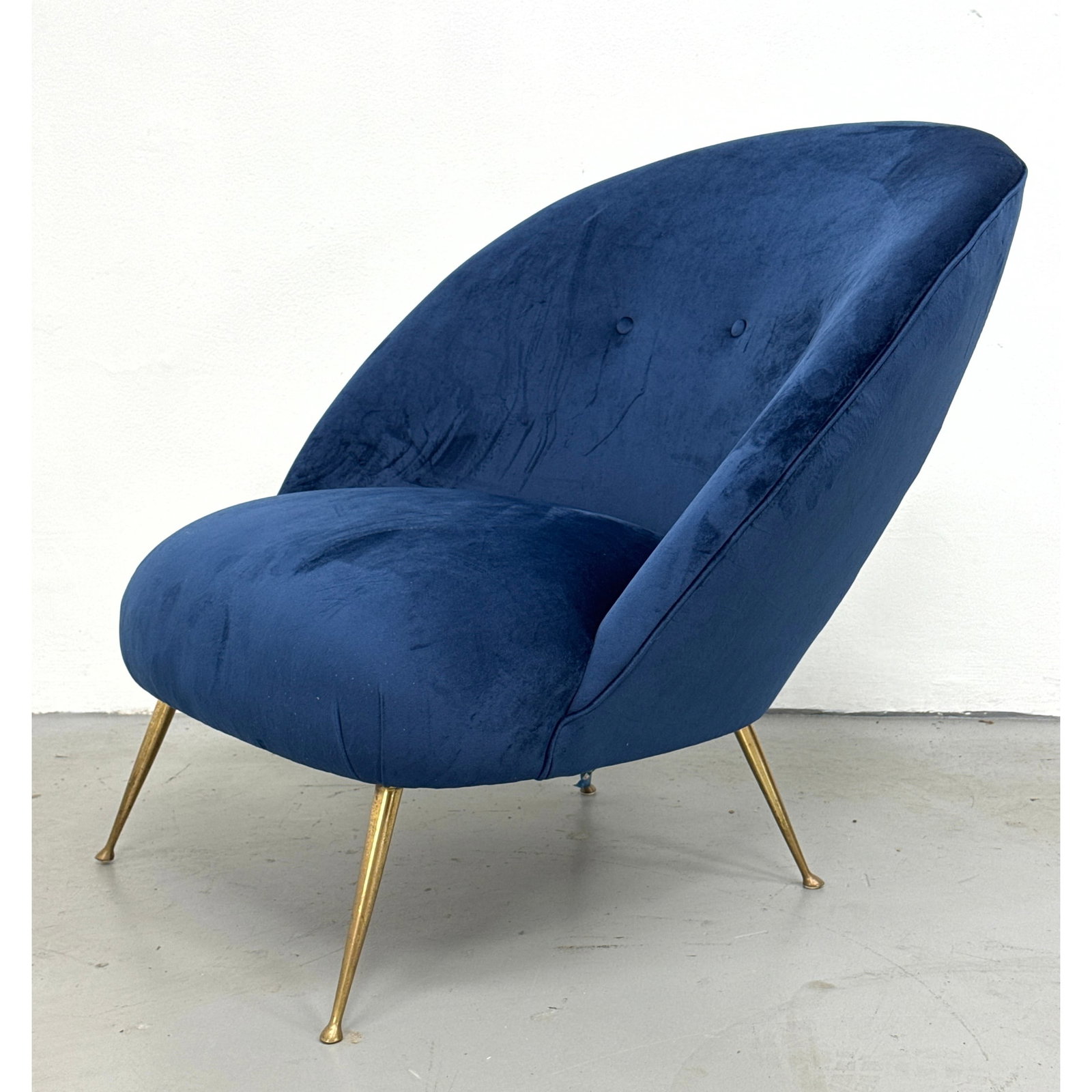 Italian Modern Ico Parisi Style Lounge Chair. Navy Blue Velvet Lounge Chair with Tapered Brass Legs (1 of 8)