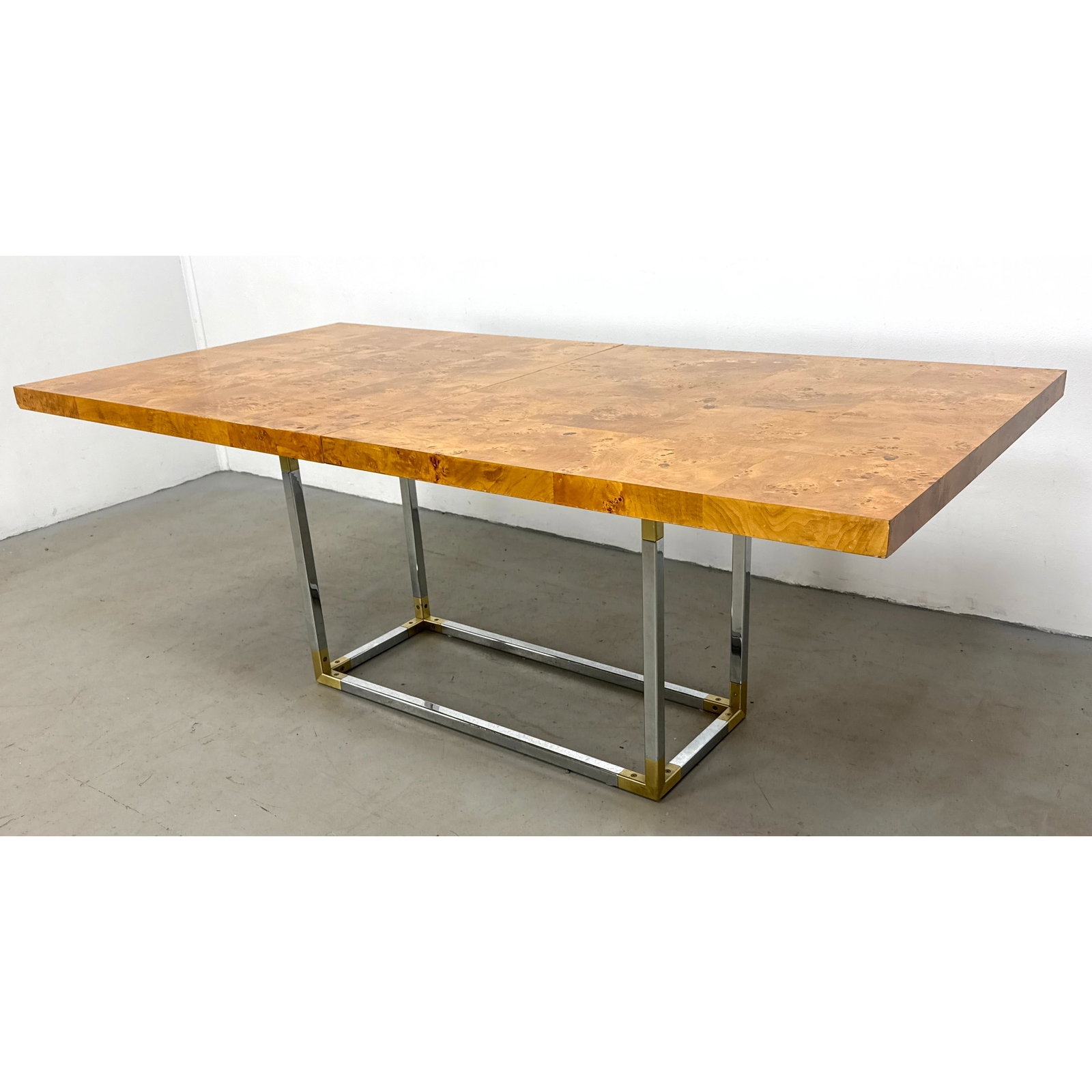 Adler Bond Burl Wood Dining Table with Brass and Chrome Base. Unmarked. No leaves. (1 of 9)
