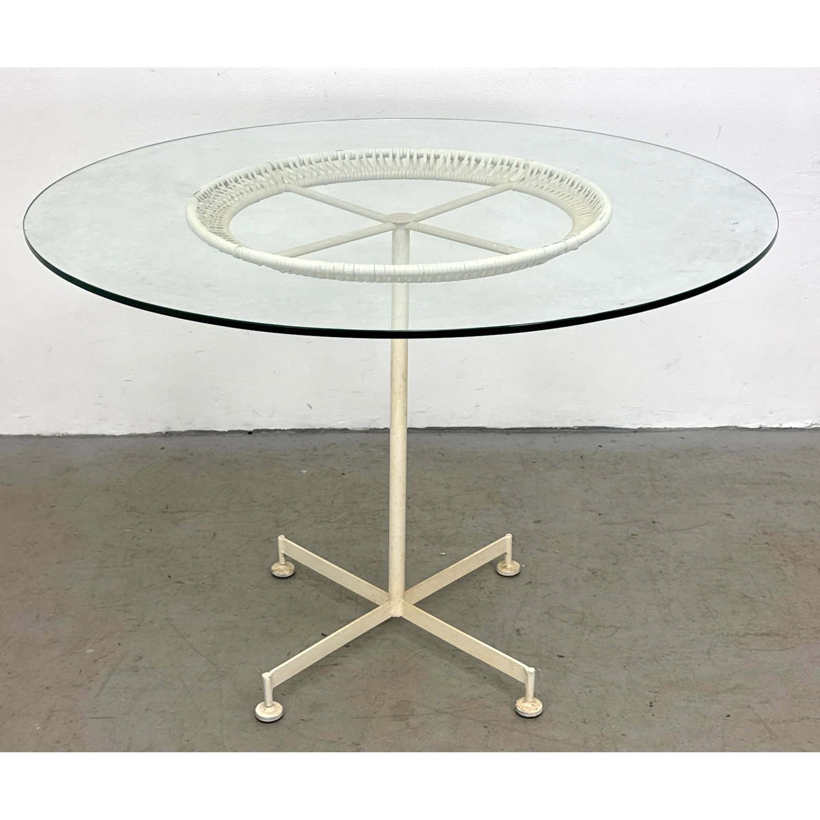 Mid-Century Modern Pedestal Table with Circular Glass Top and White Woven frame.: Mid-Century Modern Pedestal Table with Circular Glass Top and White Woven frame. Dimensions: Height: 30 inches, Width: 42 inches, Depth: 42 inches. ---