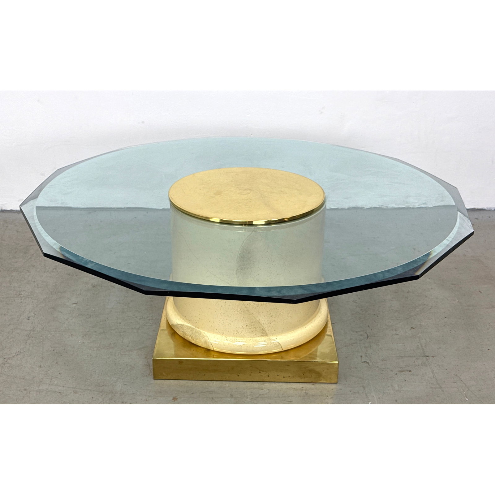 Post-Modern Octagonal Glass Top Coffee Table with Faux Stone Lacquered Pedestal and Brass Toned Base (1 of 9)