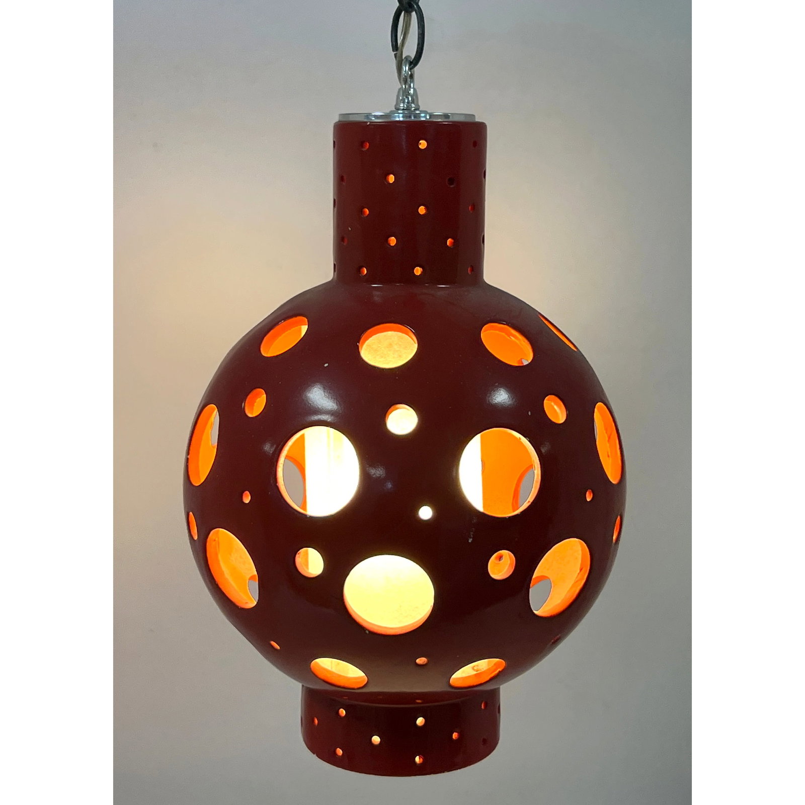 Mid-Century Modern Swiss Cheese Ceramic Swag Pendant Lamp in Red with Translucent Diffuser: Mid-Century Modern Swiss Cheese Ceramic Swag Pendant Lamp in Red with Translucent Diffuser Dimensions: Height: 16 inches, Width: 10 inches, Depth: 10 inches. --- US Packing and Shipping charge: In