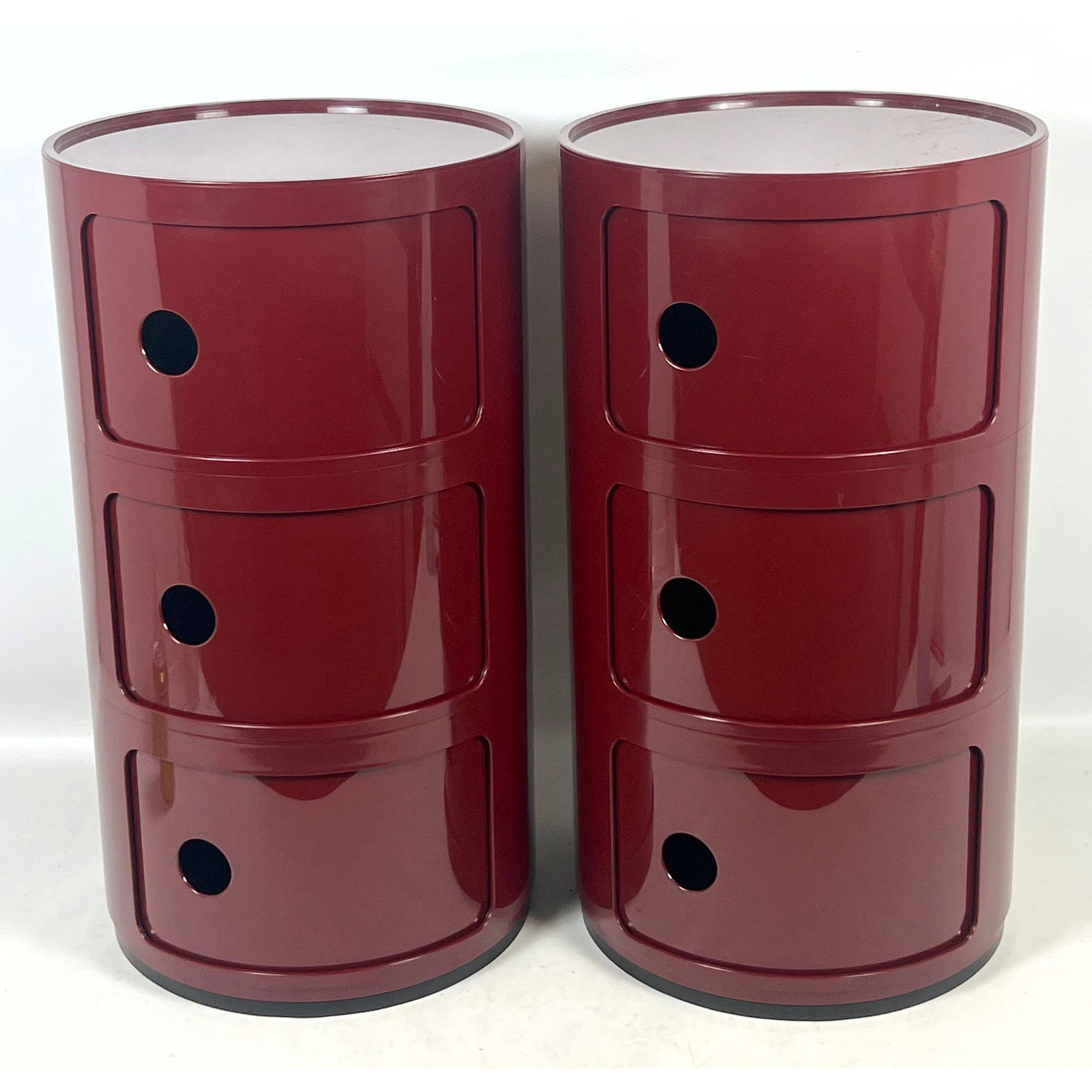 Pair of Kartell Componibili 3 tier Modular Storage Cabinets in Bordeaux Designed by Anna Castelli Fe (1 of 10)