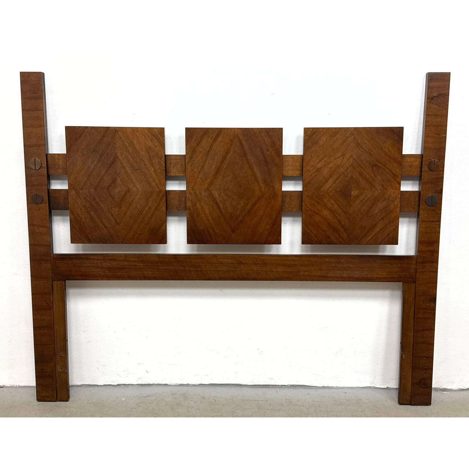 Lane Staccato Brutalist Mid Century Modern Walnut Queen Headboard with 3 Geometric Parquetry Panels (1 of 11)
