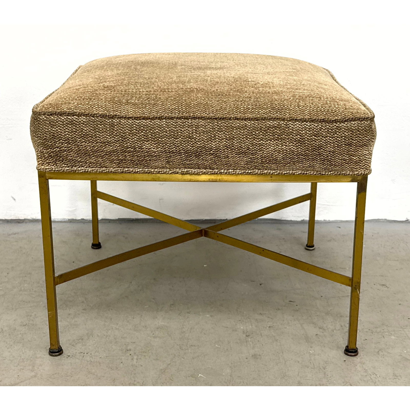 Paul McCobb for Calvin Mid-Century Modern Brass X-Base Ottoman Stool.: Paul McCobb for Calvin Mid-Century Modern Brass X-Base Ottoman Stool. Dimensions: Height: 17.5 inches, Width: 21 inches, Depth: 21 inches. ---