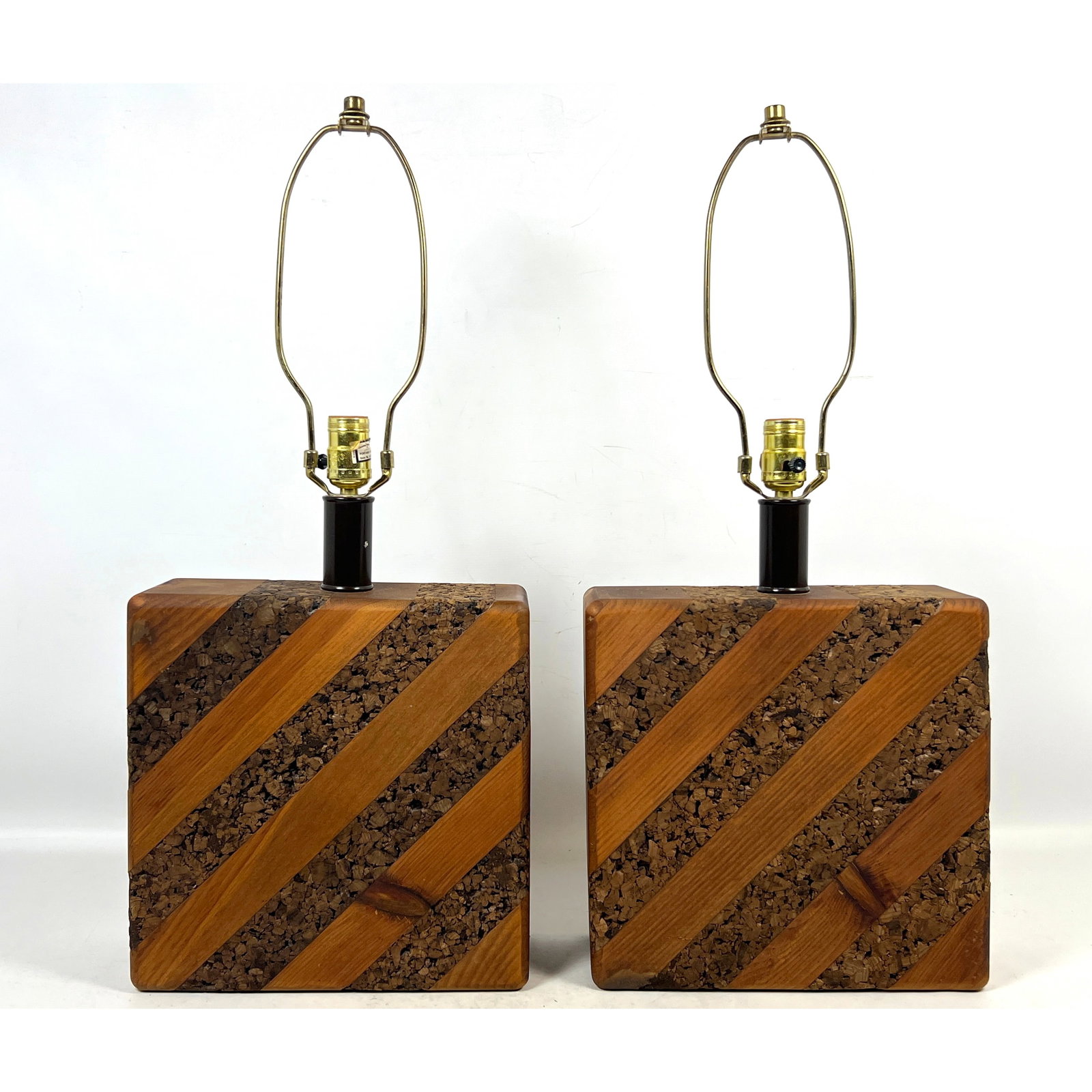 Pair of Mid-Century Modern Wood and Cork Striped Block Table Lamps. Unsigned.: Pair of Mid-Century Modern Wood and Cork Striped Block Table Lamps. Unsigned. Dimensions: Height: 27 inches, Width: 12 inches, Depth: 4.75 inches. ---