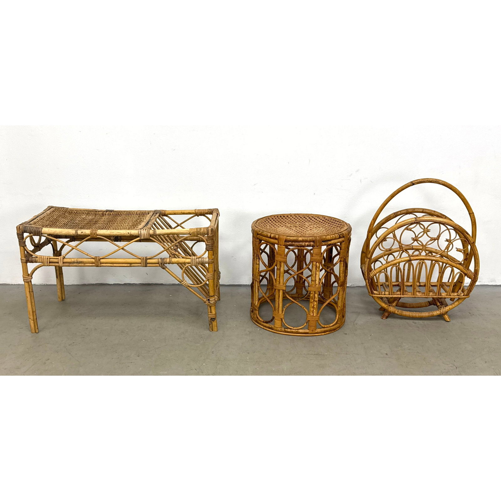 3pc Vintage Rattan and Bamboo Telephone Table, Stool and Magazine Rack (1 of 18)