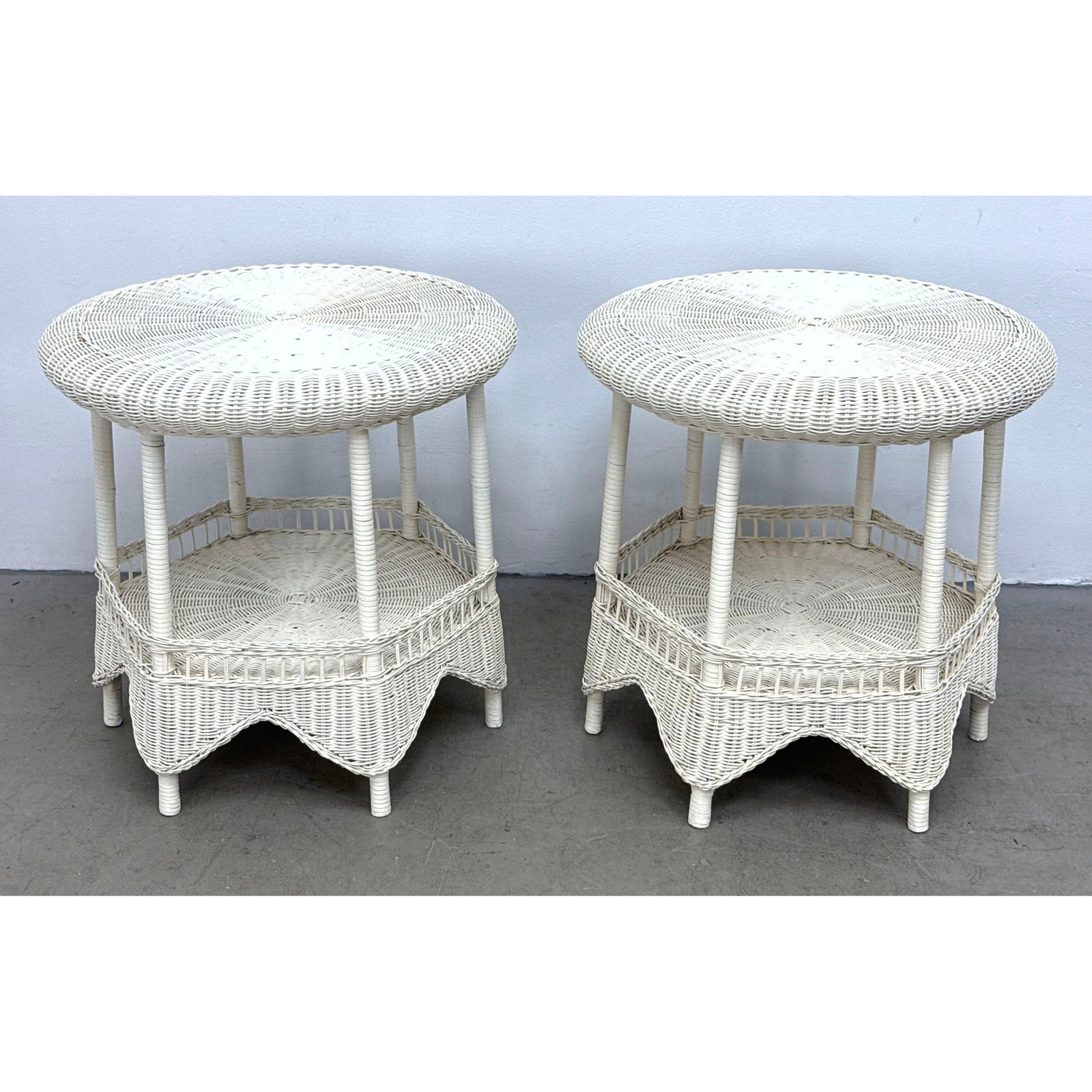 Pair of Hollywood Regency Style White Painted Wicker 2 Tier Side Tables with Gallery Shelves and Sca (1 of 14)