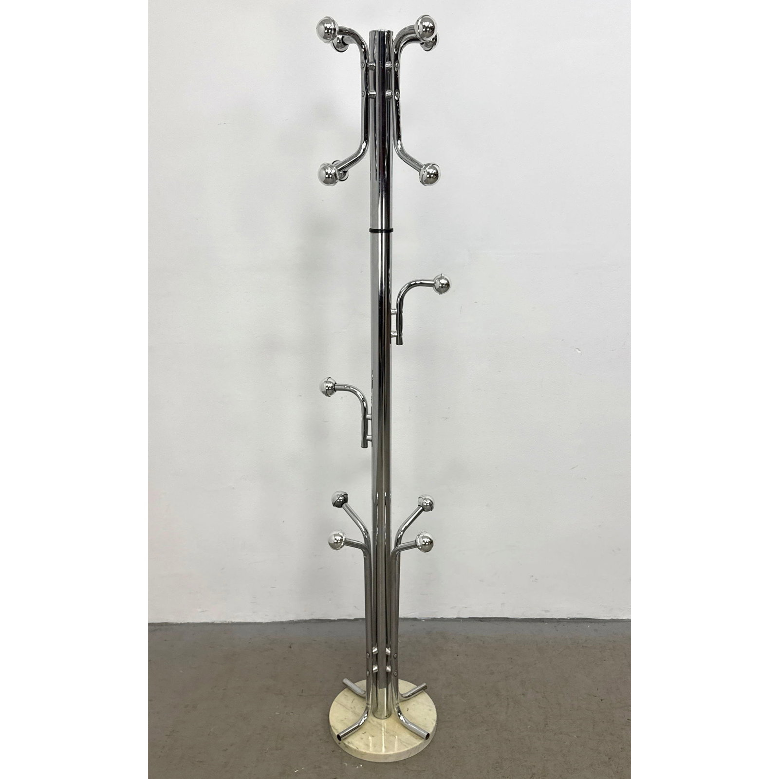 Mid-Century Modern Italian Style Space Age Chrome and Marble Coat Rack Hall Tree with Spherical Fini: Mid-Century Modern Italian Style Space Age Chrome and Marble Coat Rack Hall Tree with Spherical Finials Dimensions: Height: 69 inches, Width: 14 inches, Depth: 14 inches. ---