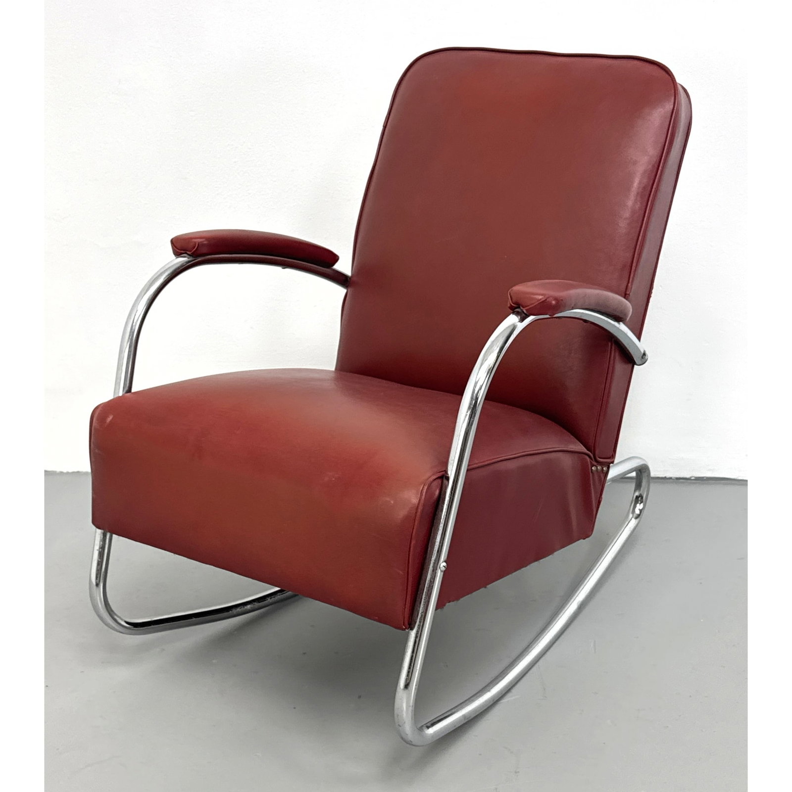Royal Machine Age Tubular Chrome Rocking Chair. Red Vinyl Upholstery. Original.: Royal Machine Age Tubular Chrome Rocking Chair. Red Vinyl Upholstery. Original. Dimensions: Height: 33 inches, Width: 26 inches, Depth: 30 inches. - Seat Height: 16 inches ---