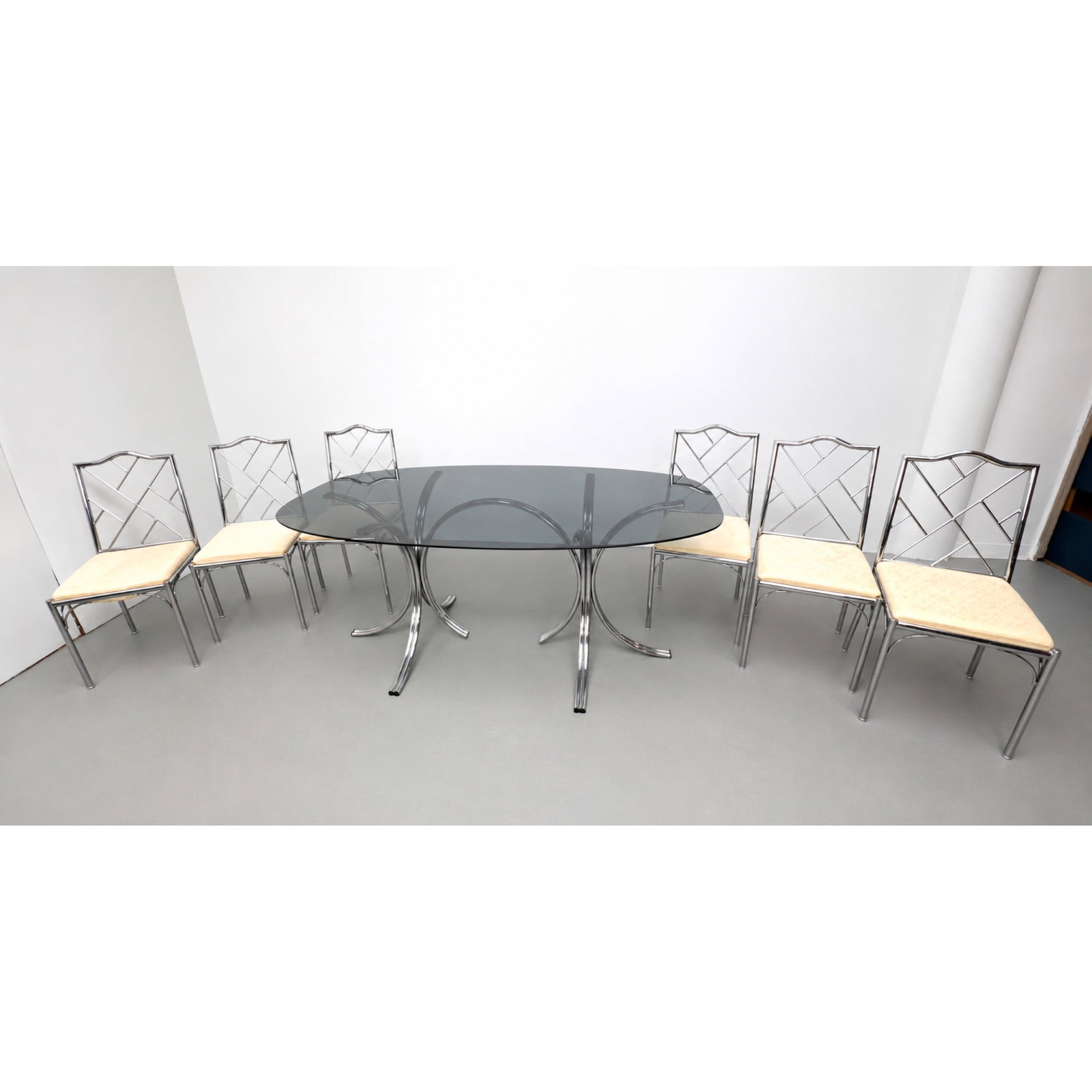 7pc 1970s Modern Chrome and Gray Glass Dining Set with 6 Lattice Back Chairs (1 of 20)