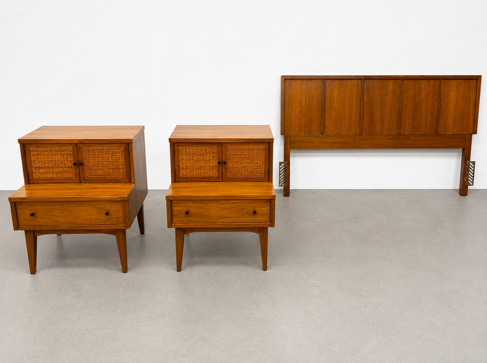 3pcs American of Martinsville two-tier step-up walnut and cane nightstands with inlaid borders and H (1 of 20)