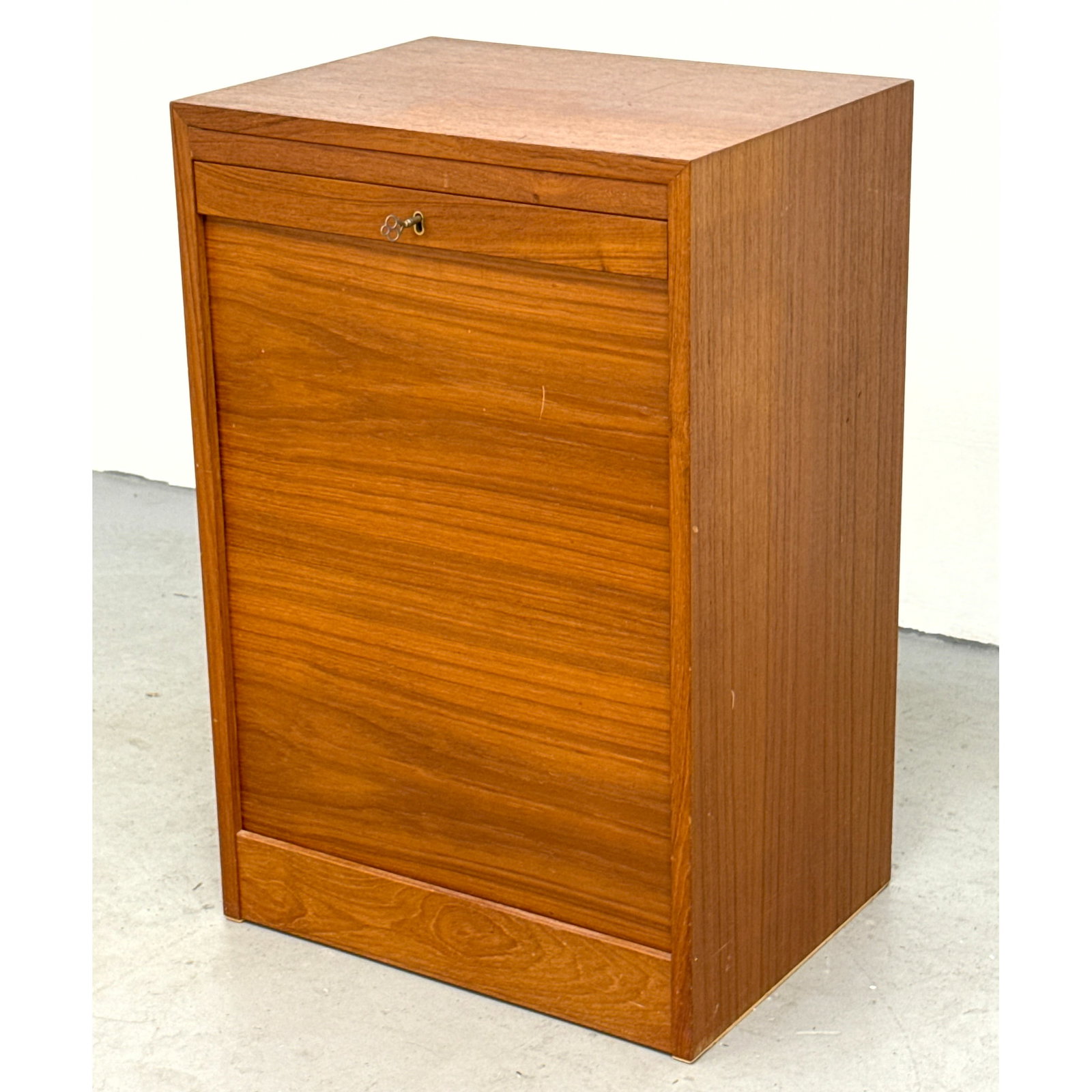 Mid-Century Modern Teak Tambour Door Locking Filing Cabinet with Two Sliding Interior Drawers. Danis: Mid-Century Modern Teak Tambour Door Locking Filing Cabinet with Two Sliding Interior Drawers. Danish Modern Dimensions: Height: 30 inches, Width: 19.75 inches, Depth: 15 inches. ---