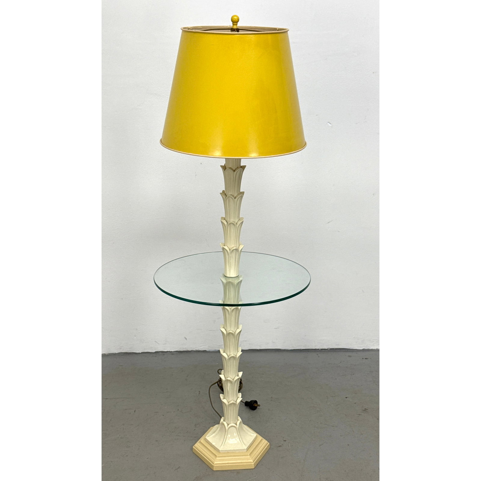 White Palm Frond Floor Lamp with Integrated Glass Tray Table and Yellow Drum Shade in the style of S (1 of 8)