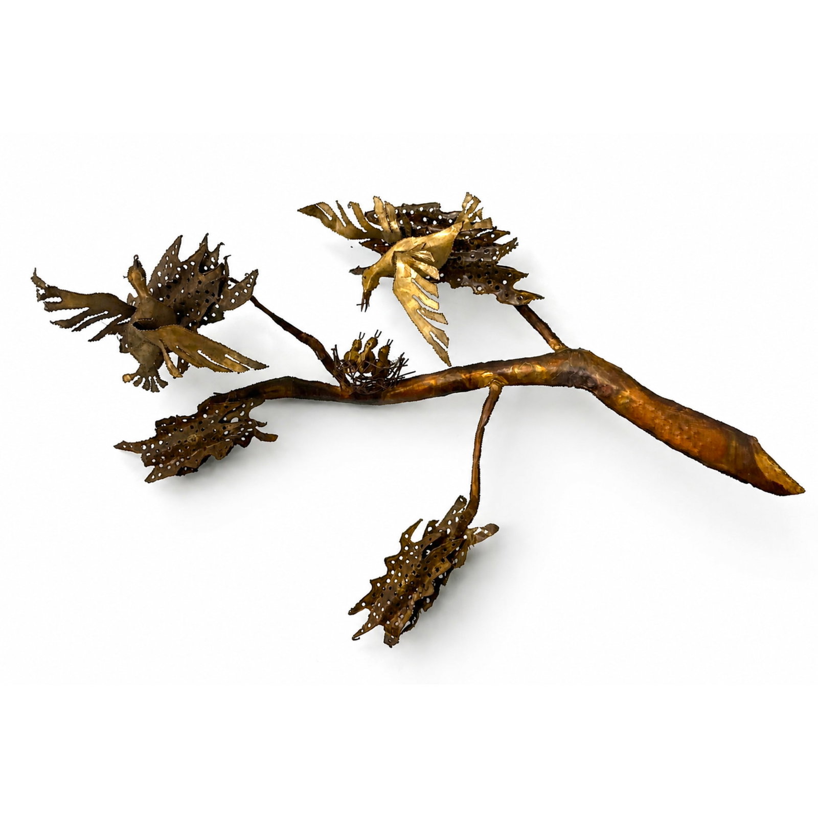 Large Brutalist Mid Century Modern Torch Cut Copper and Brass Wall Sculpture featuring Birds in Flig (1 of 9)