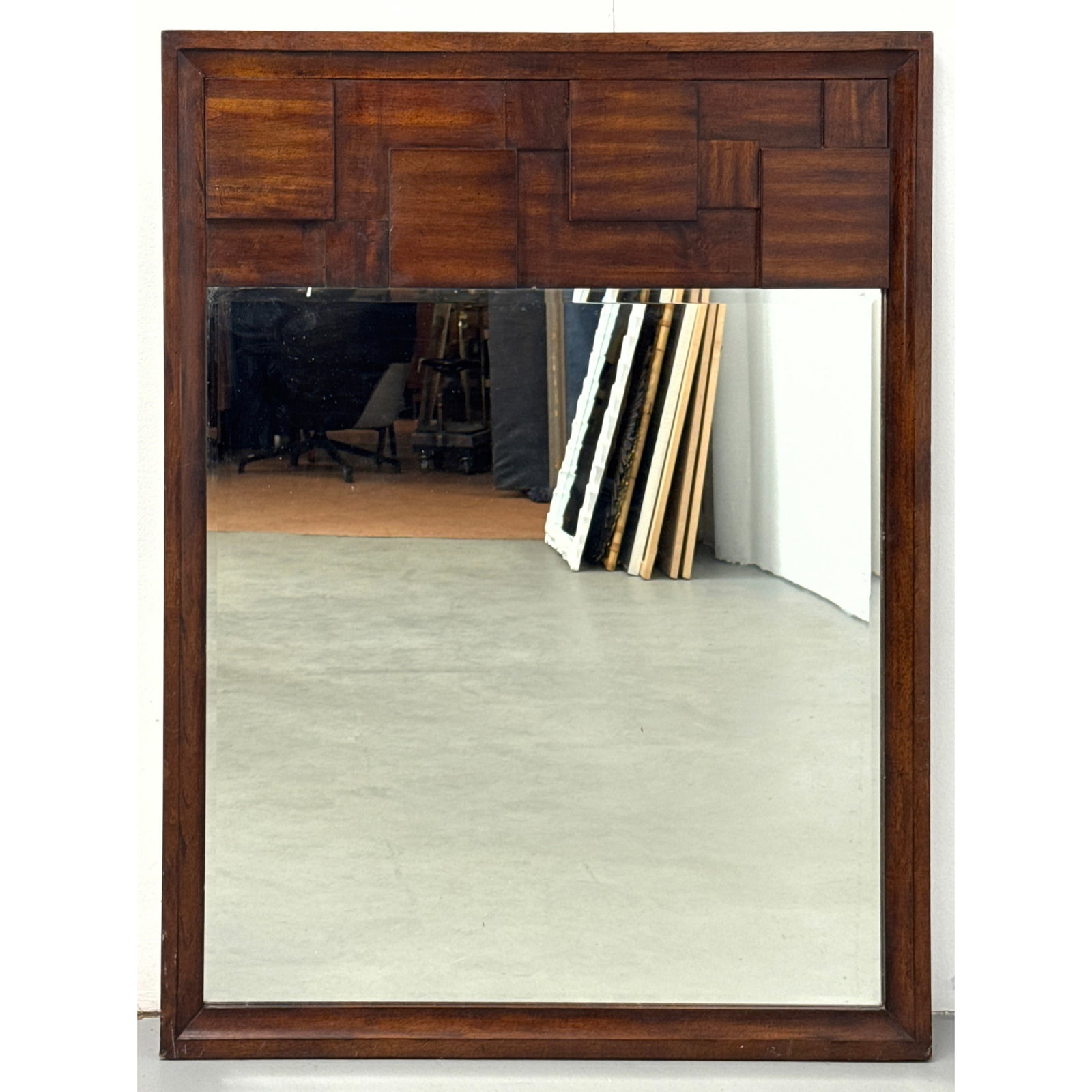 Mid-Century Modern Brutalist Wood Wall Mirror. Unsigned. (1 of 9)