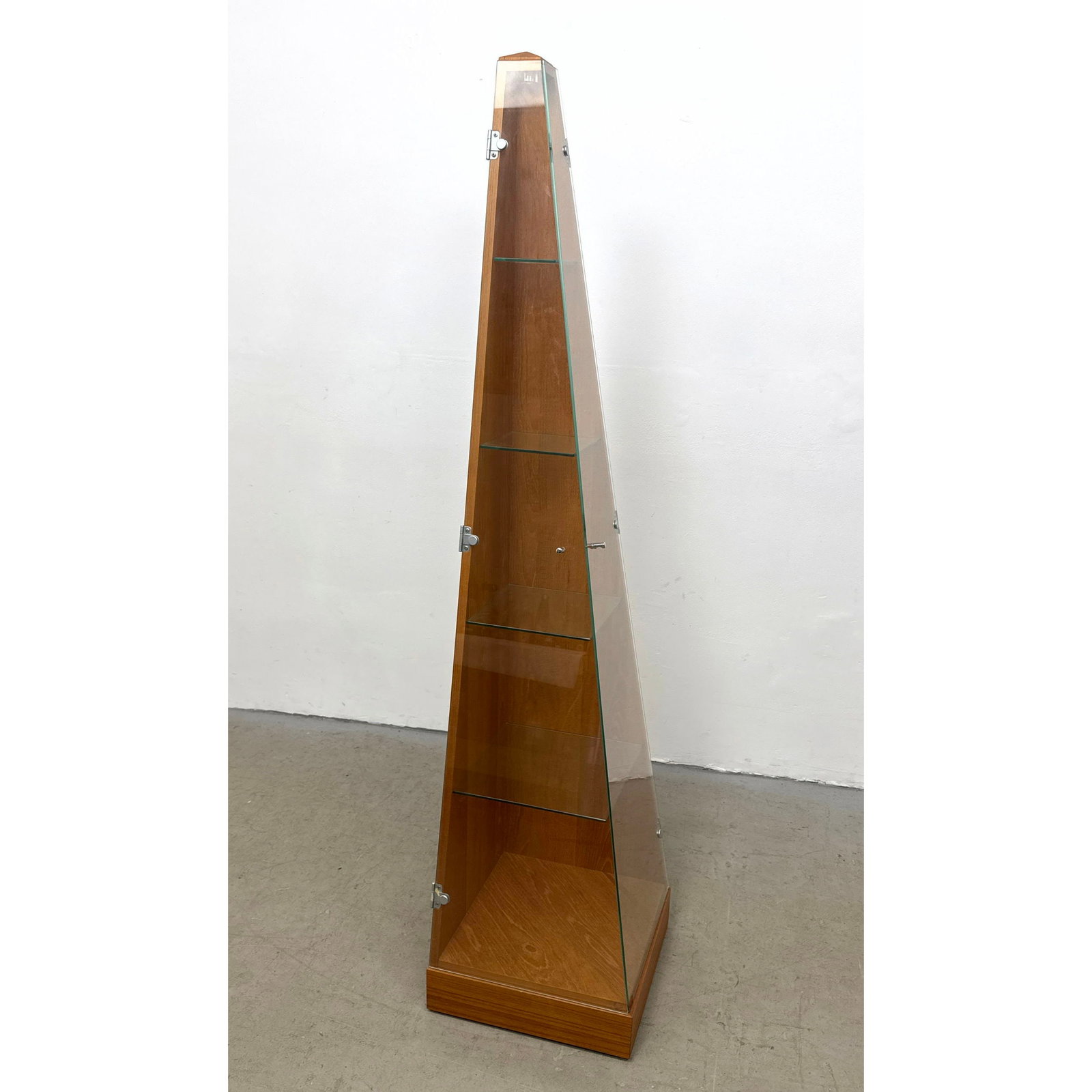 Contemporary Pyramid Teak and Glass Lighted Vitrine Display Cabinet with 4 Adjustable Glass Shelves (1 of 10)