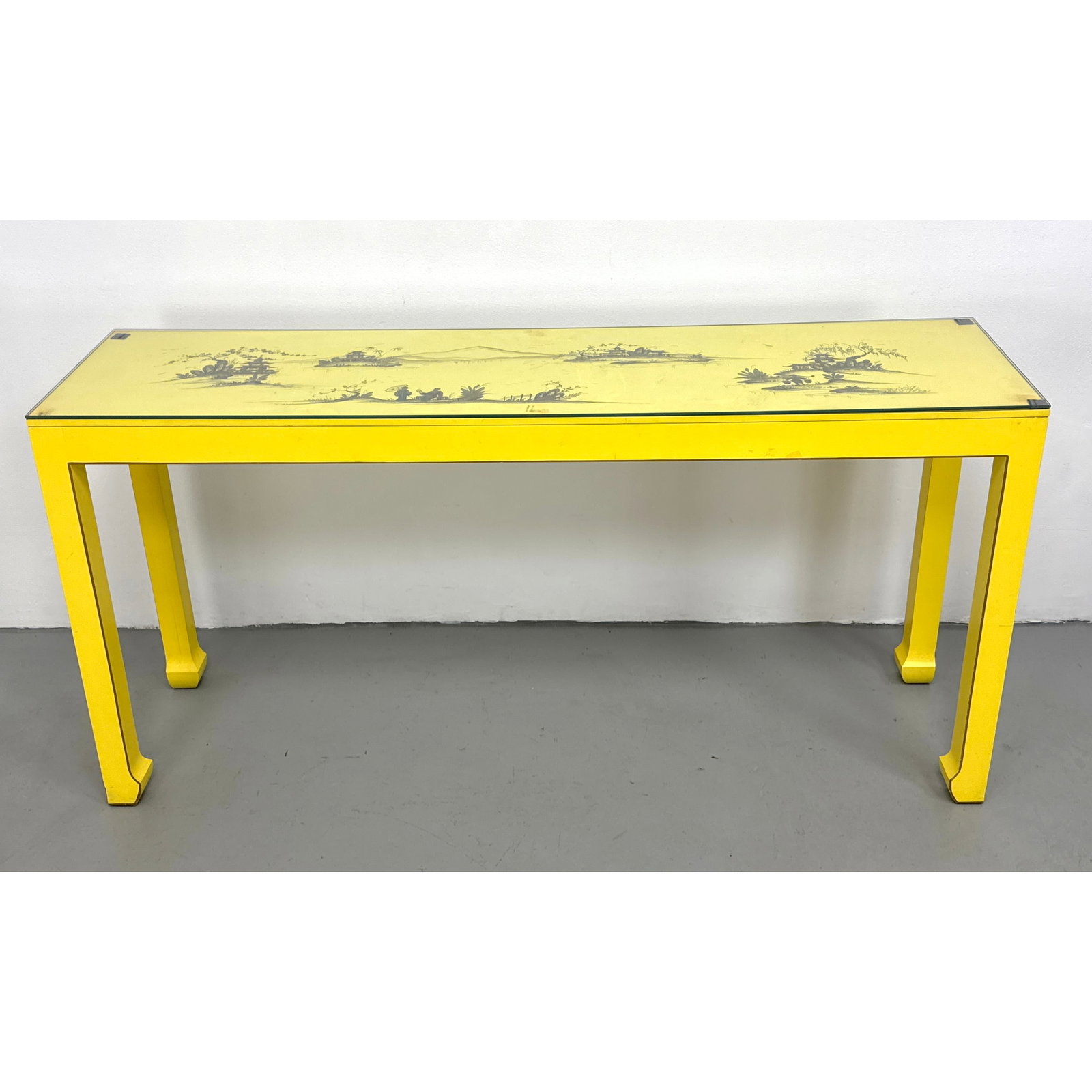 Mid-Century Yellow Chinoiserie Console Table.: Mid-Century Yellow Chinoiserie Console Table. Dimensions: Height: 29.5 inches, Width: 60 inches, Depth: 16 inches. ---