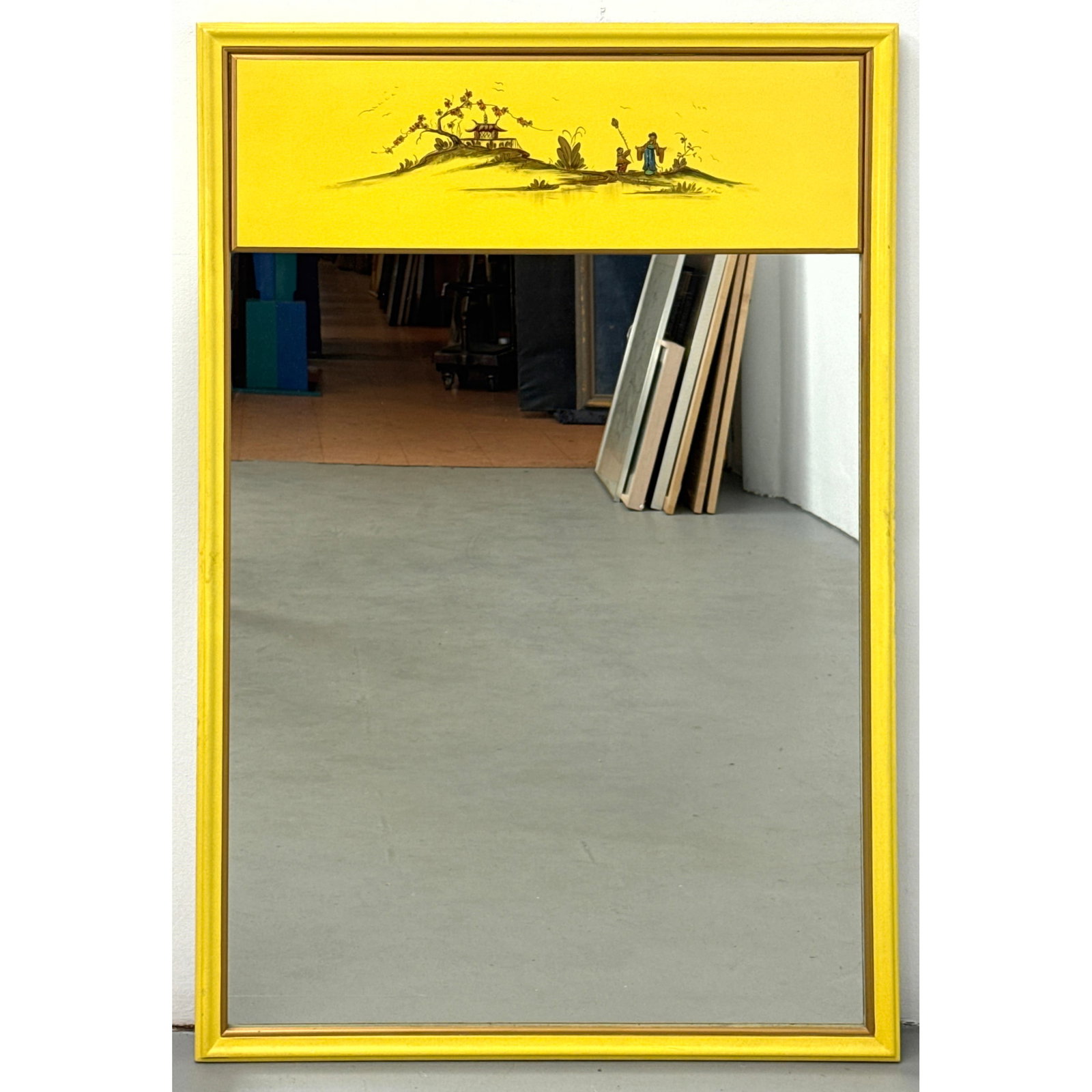 Mid-Century Yellow Chinoiserie Wall Mirror.: Mid-Century Yellow Chinoiserie Wall Mirror. Dimensions: Height: 50 inches, Width: 32 inches. ---