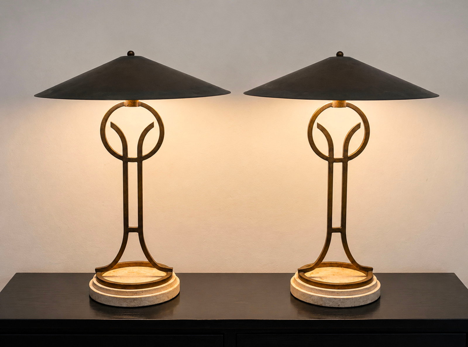 Pair post modern table lamps attrib. to Michael Taylor (1970s/metal shade/travertine base) (1 of 14)