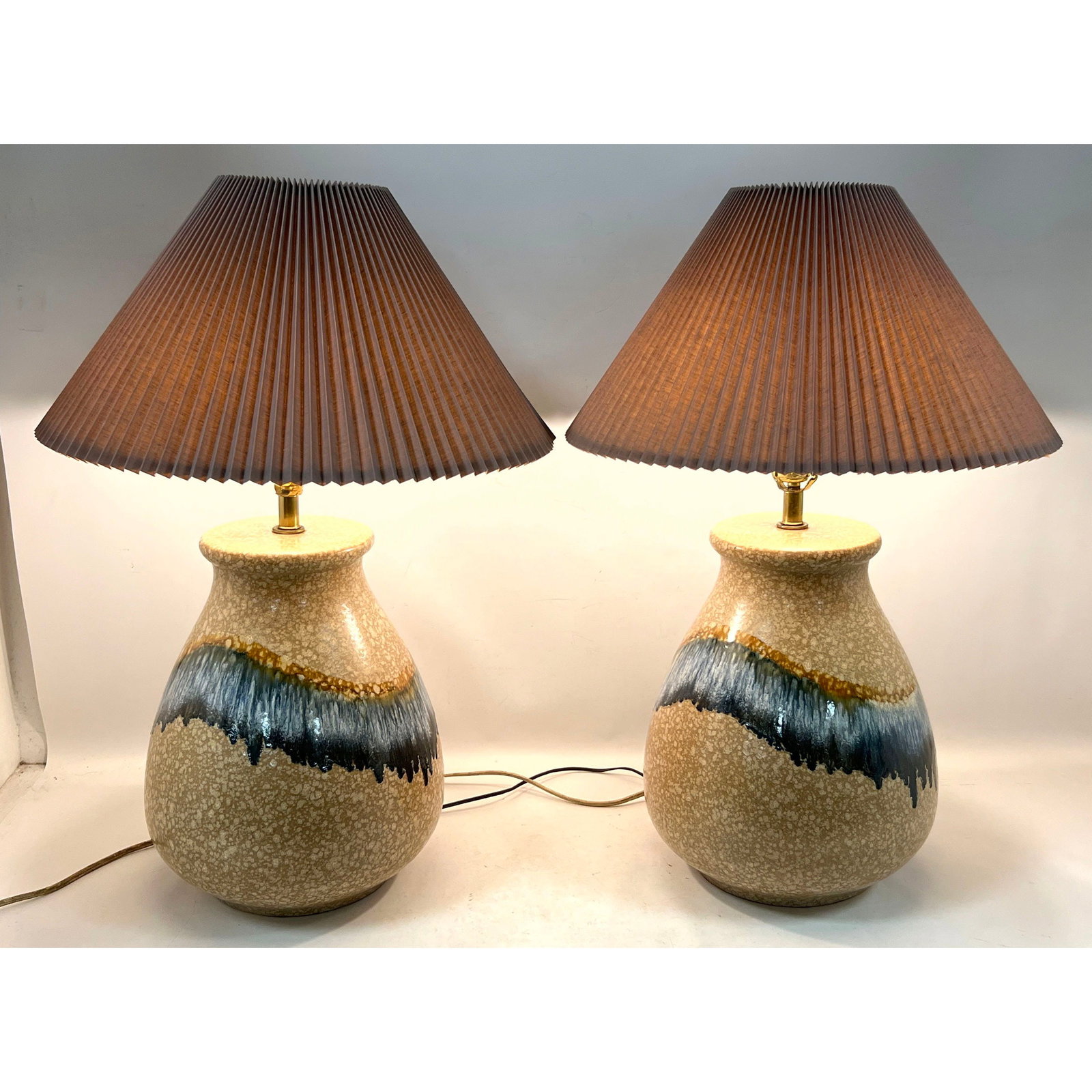 Pair of Sunset Cosco Inc Mid Century Modern Drip Glaze Ceramic Table Lamps with Pleated Shades (1 of 12)
