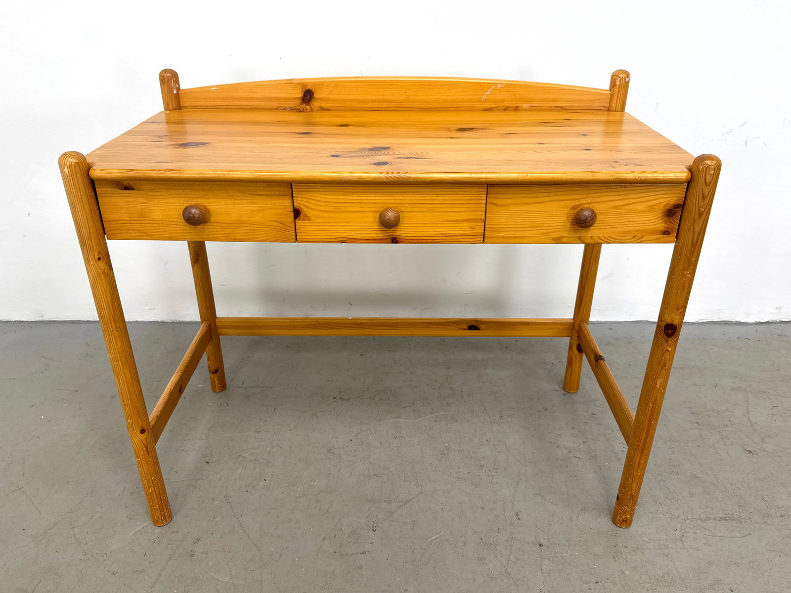 Late 20th Century Scandinavian Modern Style Pine Writing Desk with 3 Drawers and Arched Backsplash (1 of 11)