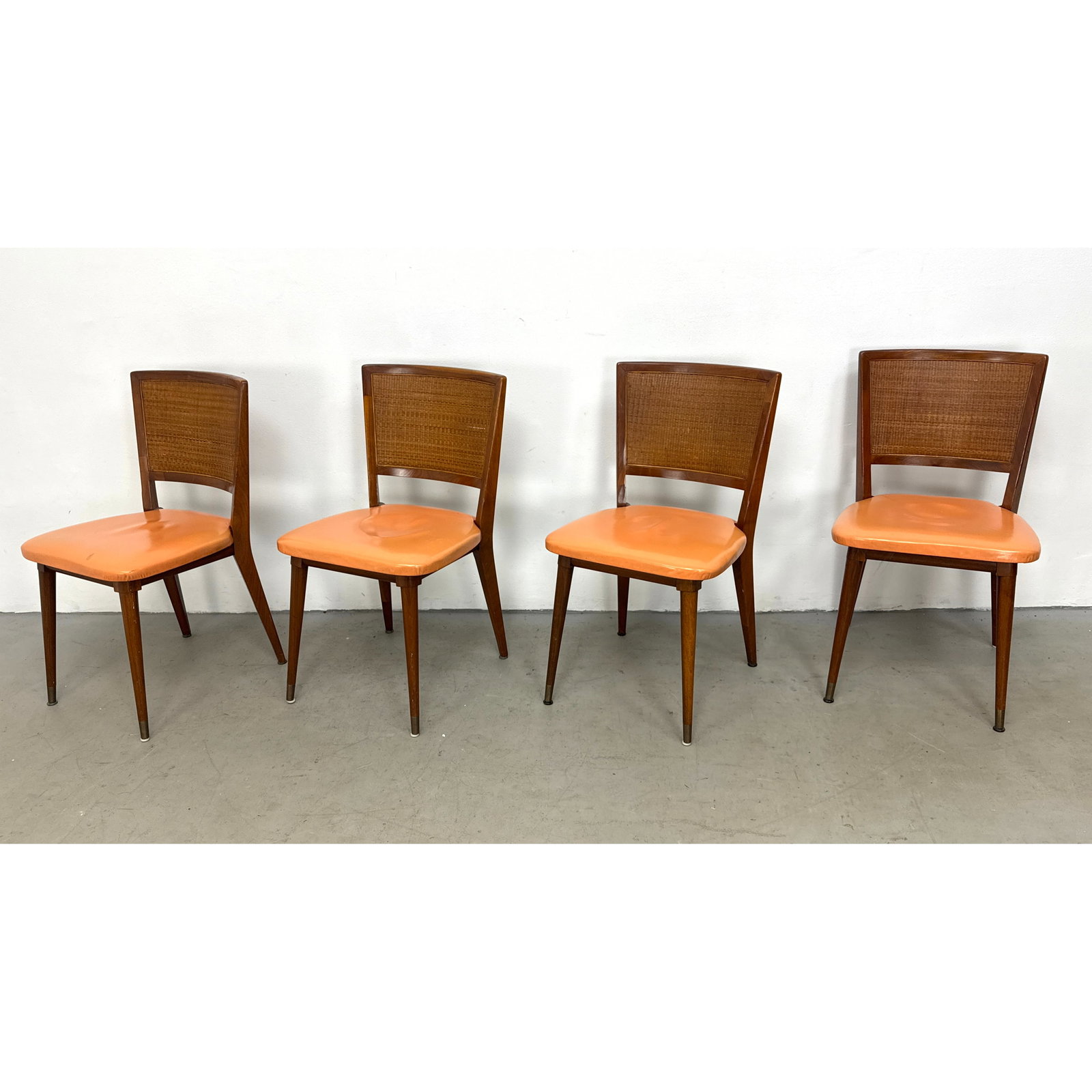 set 4 John Stuart Walnut and Rattan Dining Chairs with Orange Vinyl Seats: set 4 John Stuart Walnut and Rattan Dining Chairs with Orange Vinyl Seats Dimensions: Height: 32.5 inches, Width: 18 inches, Depth: 18 inches. - Seat Height: 18.5 inches ---