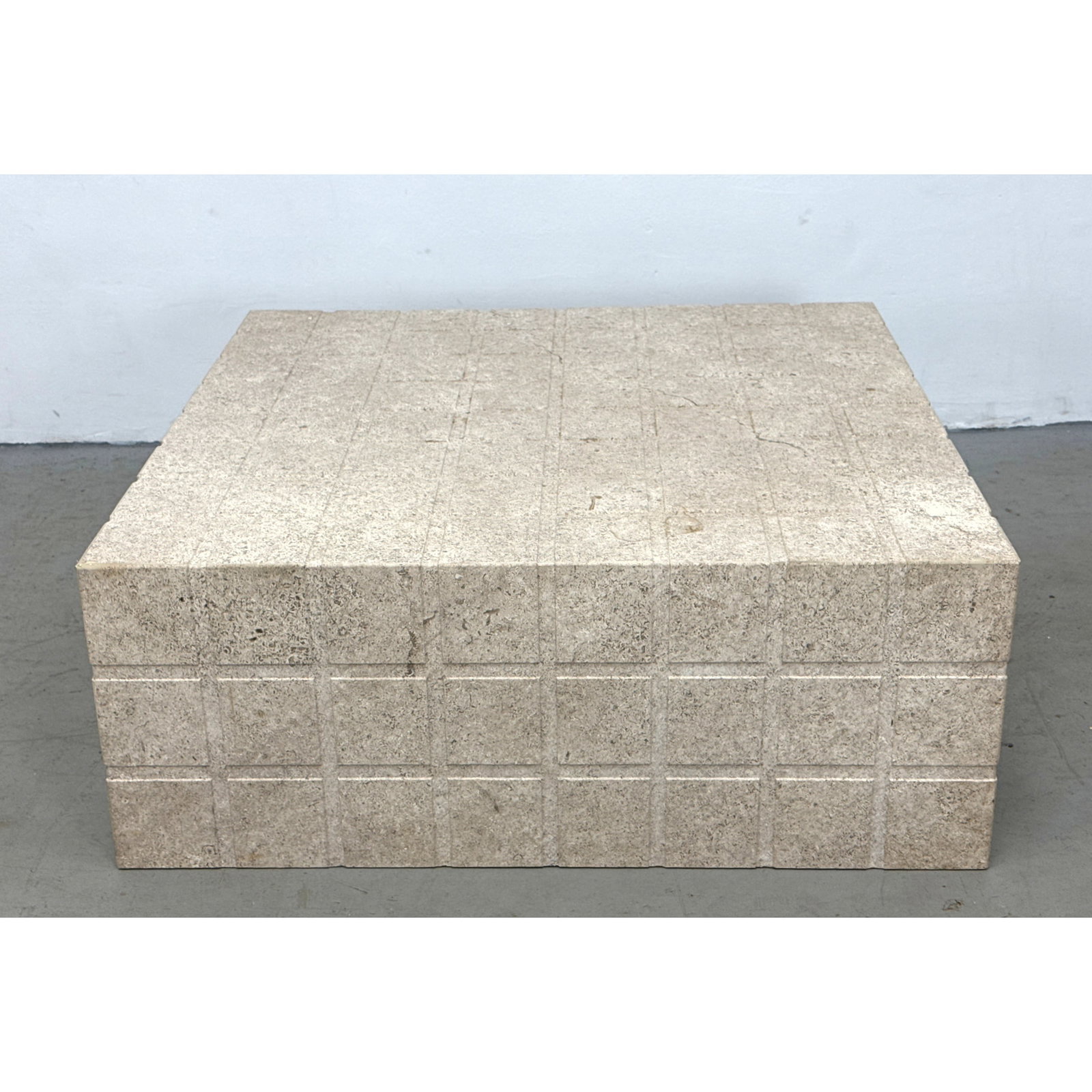 Large Incised grid pattern travertine coffee table. Postmodern square block coffee table with grid i (1 of 11)