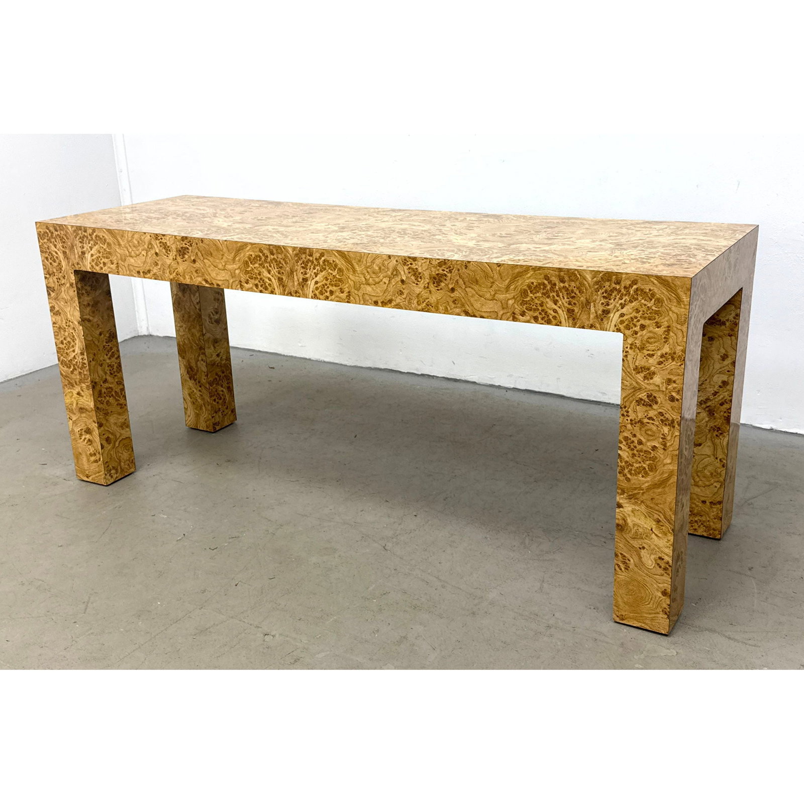 Burl laminate Parsons Style Console Table. dated 1978. (1 of 10)