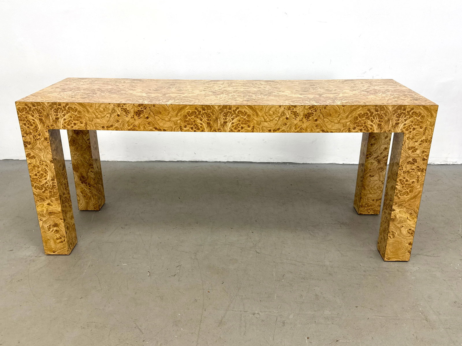 Burl laminate Parsons Style Console Table. dated 1978. - 2