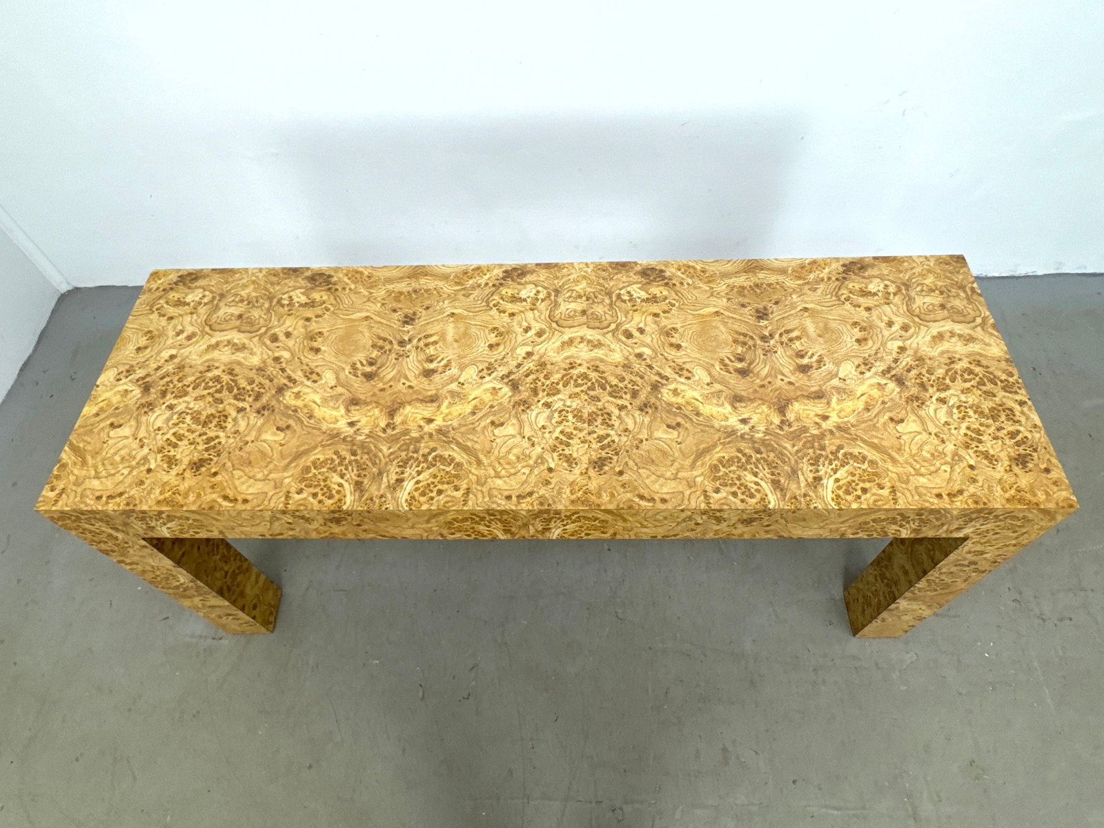 Burl laminate Parsons Style Console Table. dated 1978. - 3