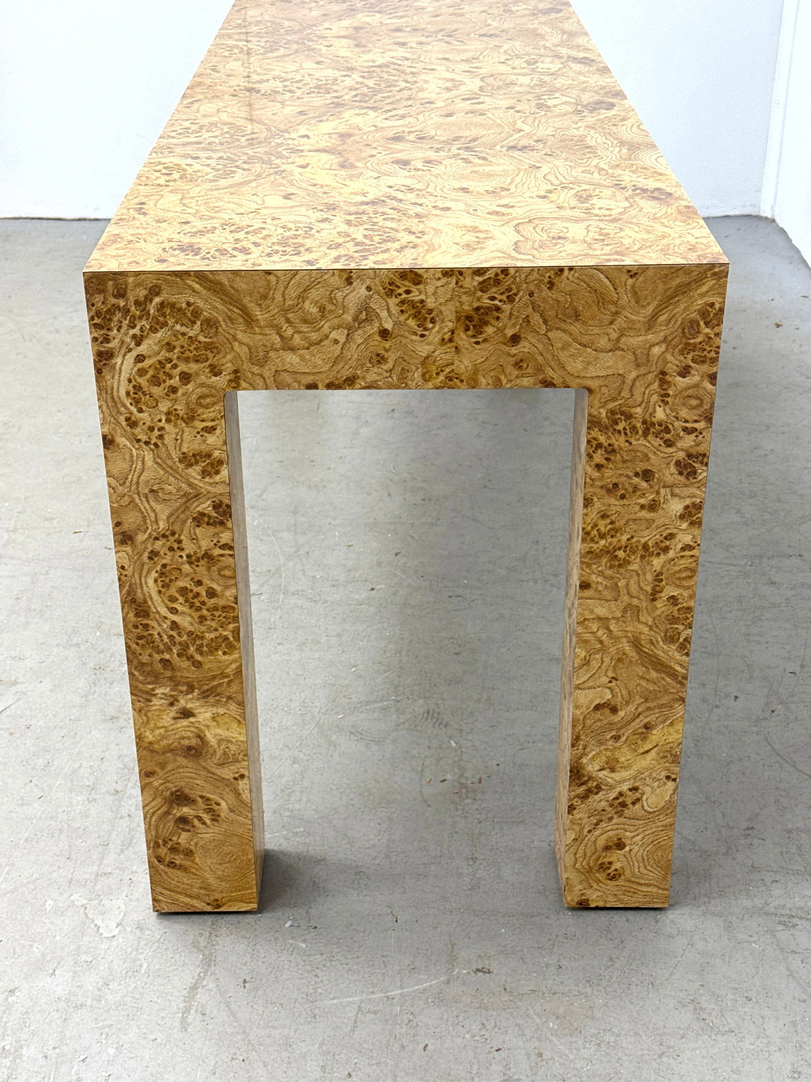 Burl laminate Parsons Style Console Table. dated 1978. - 5