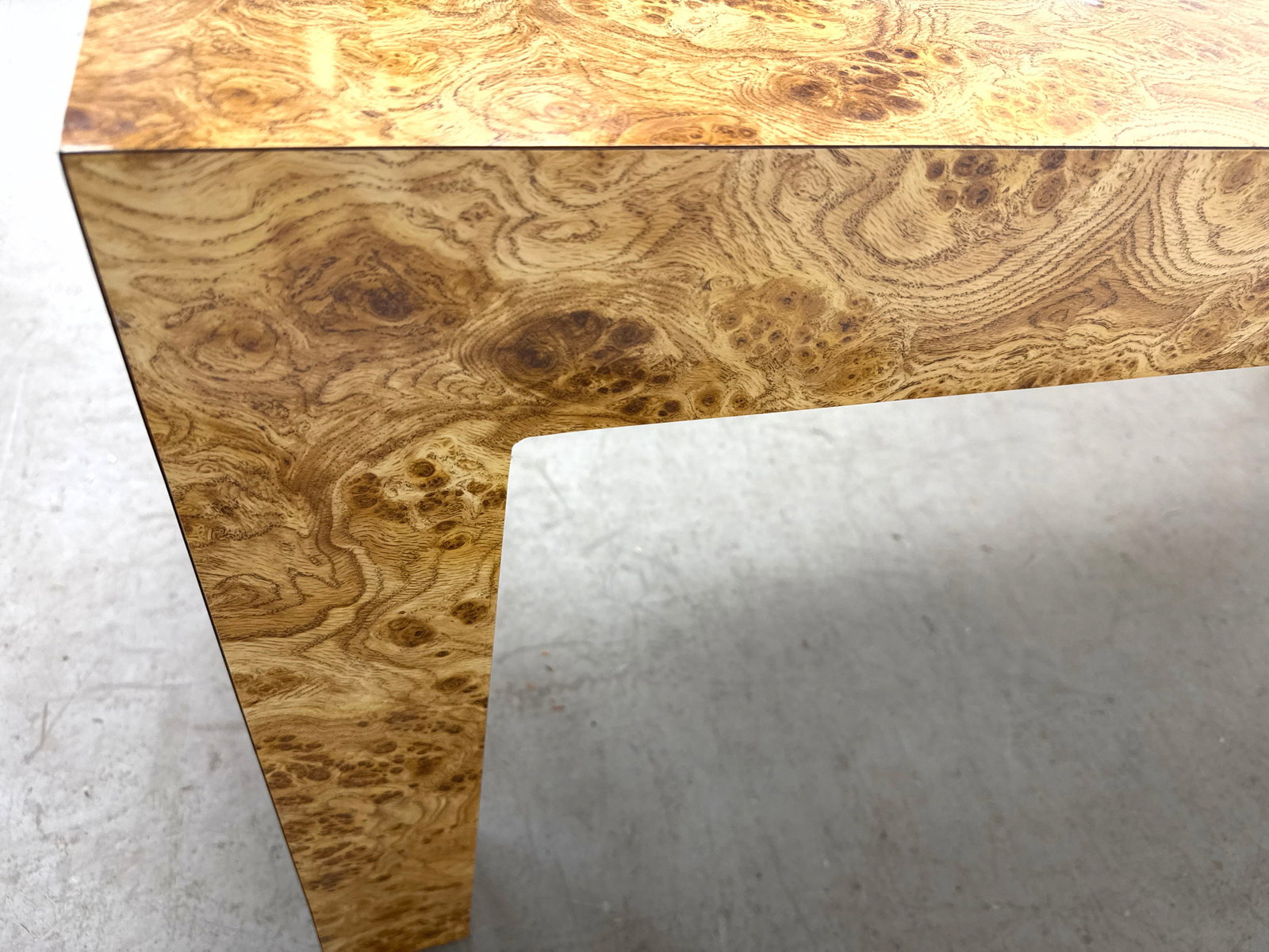 Burl laminate Parsons Style Console Table. dated 1978. - 6